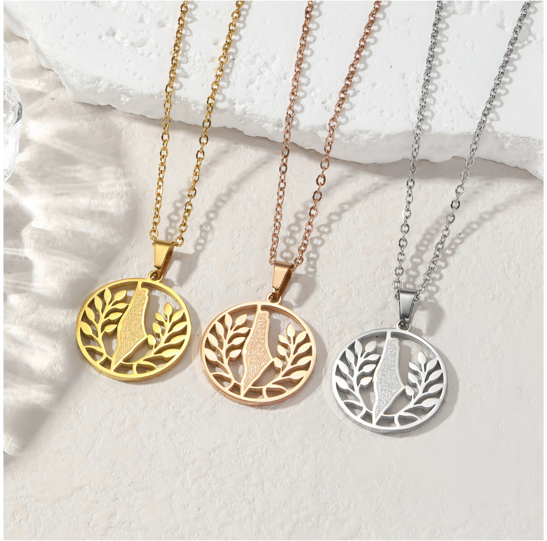 Palestine Map Olive Branch Necklace Stainless Steel Arabic Calligraphy