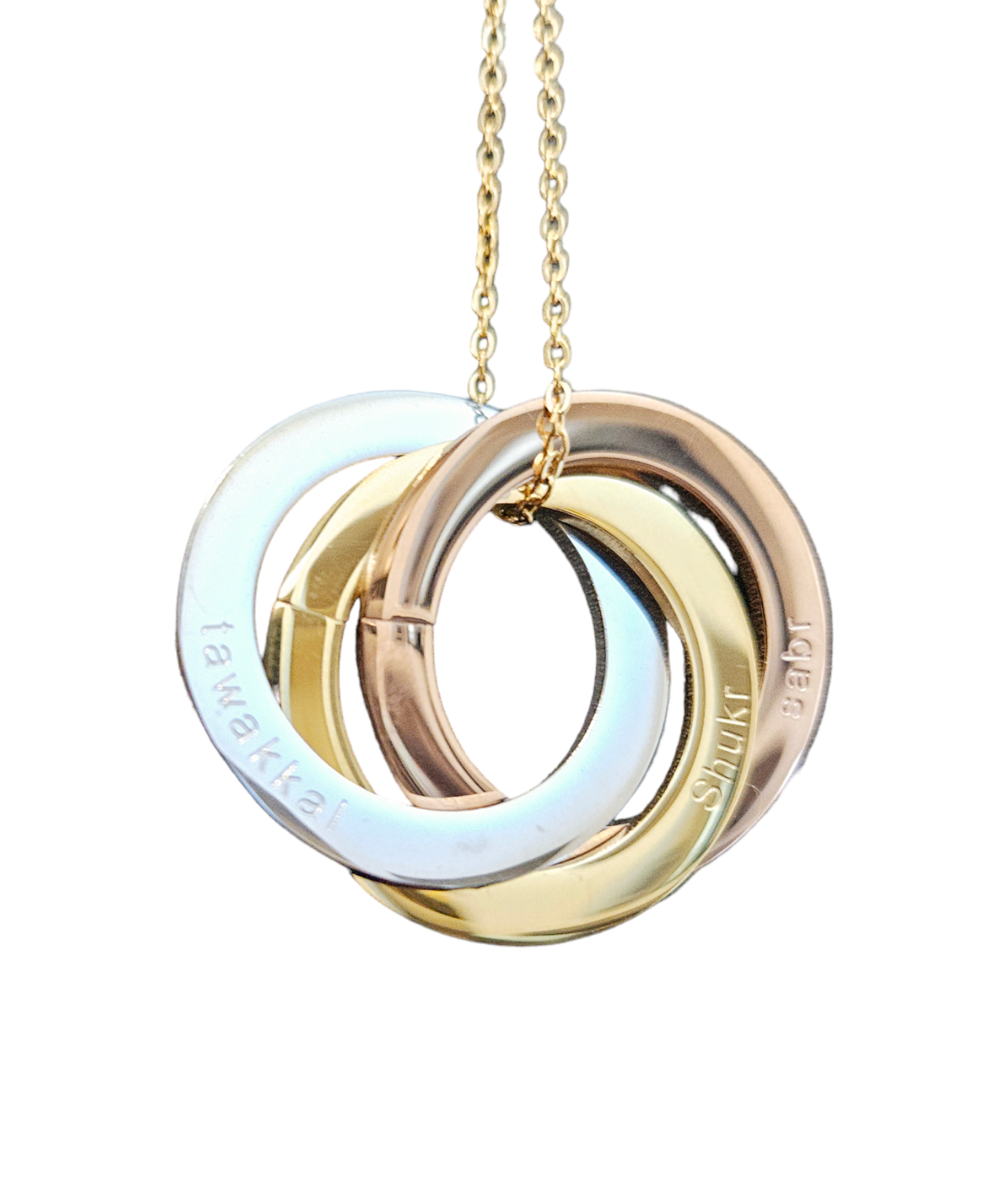 Patience, Thanks, & Trust Necklace - Sabr, Shukr, Tawakkul 3 Rings Circles Interlocked Three Virtues