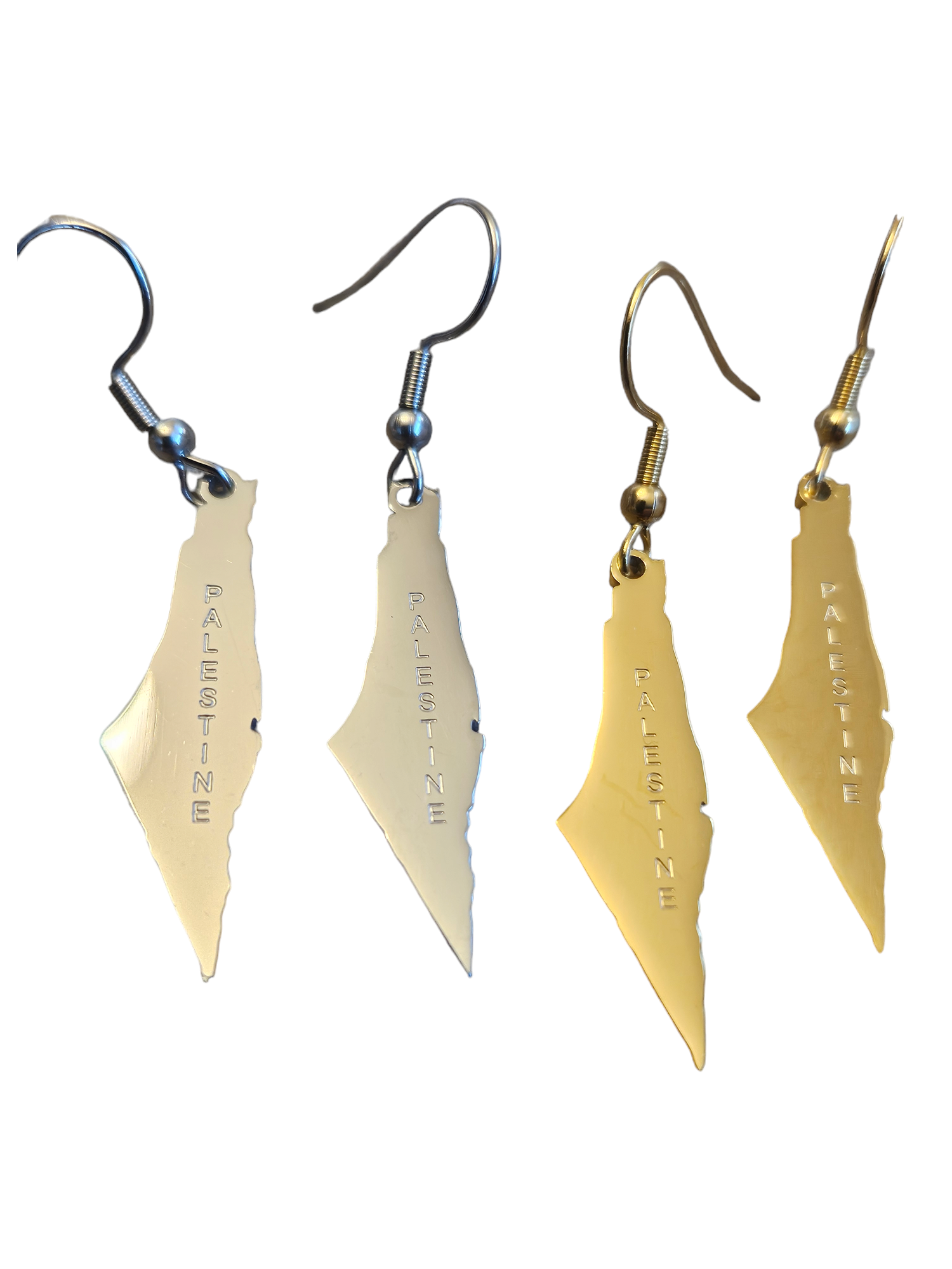 Palestine Map Earrings with the word Palestine