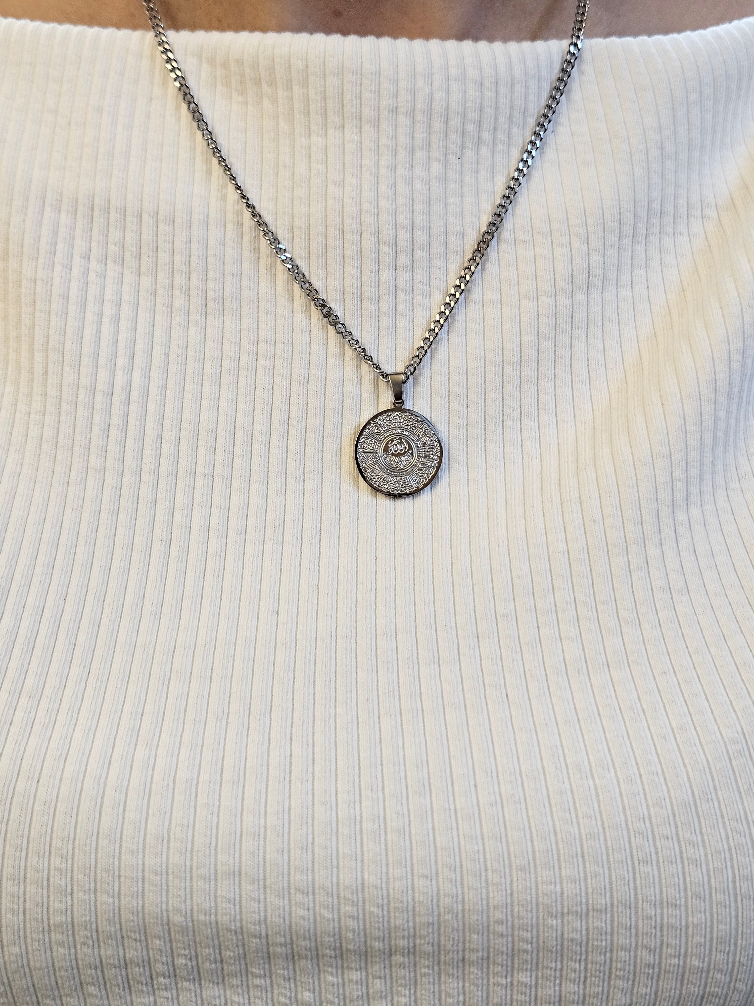 Ayatul Kursi Necklace Silver Stainless Steel - Round Islamic Jewelry