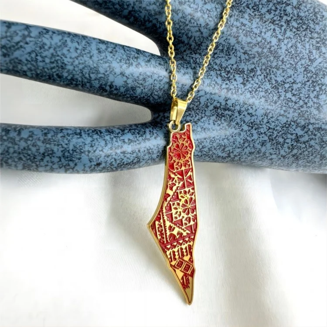 Palestine Tatreez Map Necklace Stainless Steel 18k Gold Plated Calligraphy Enamel Arabic Palestine Map Necklace