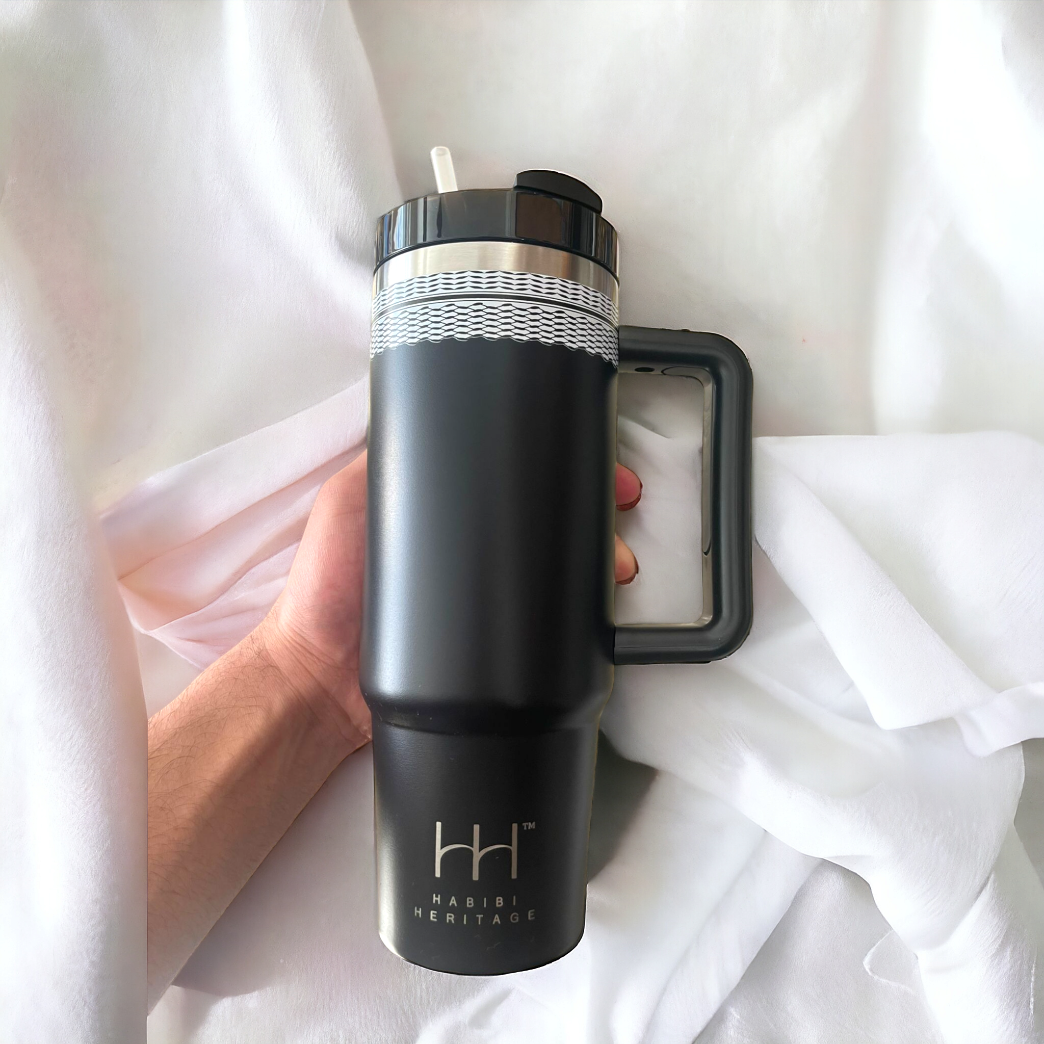 30oz Tumbler Cup Double Wall Stainless Steel Vacuum Insulted Mug with Handle - Keffiyeh Design - Habibi Heritage