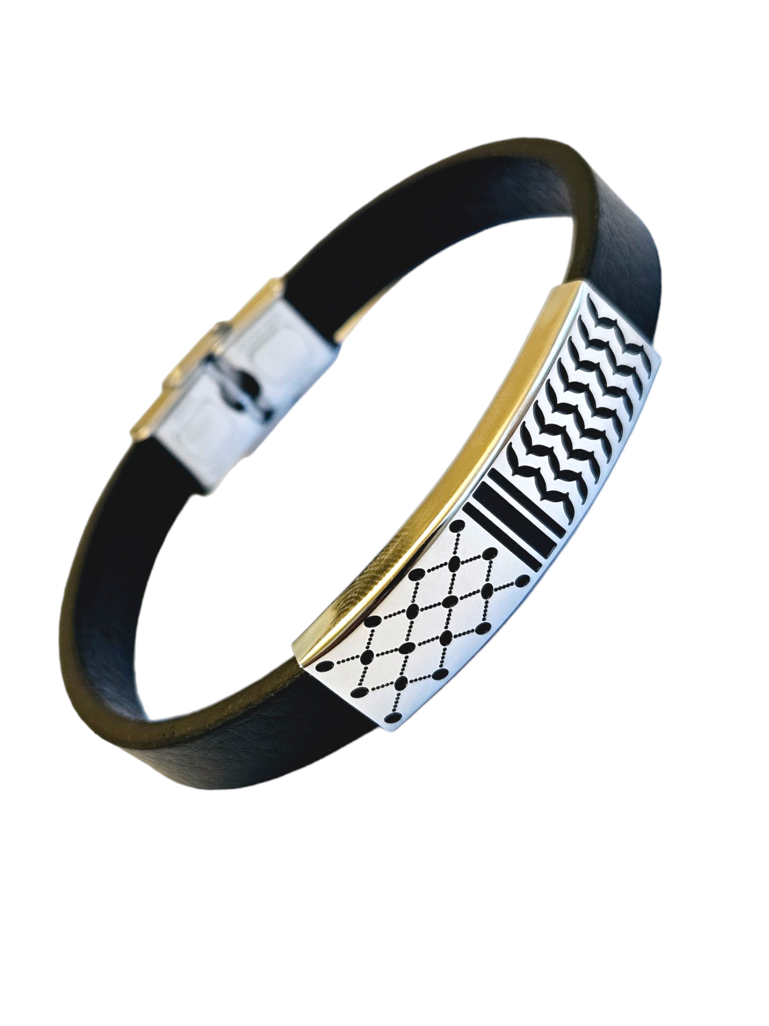 Keffiyeh Bracelet Stainless Steel - Kufiya on Black Strap