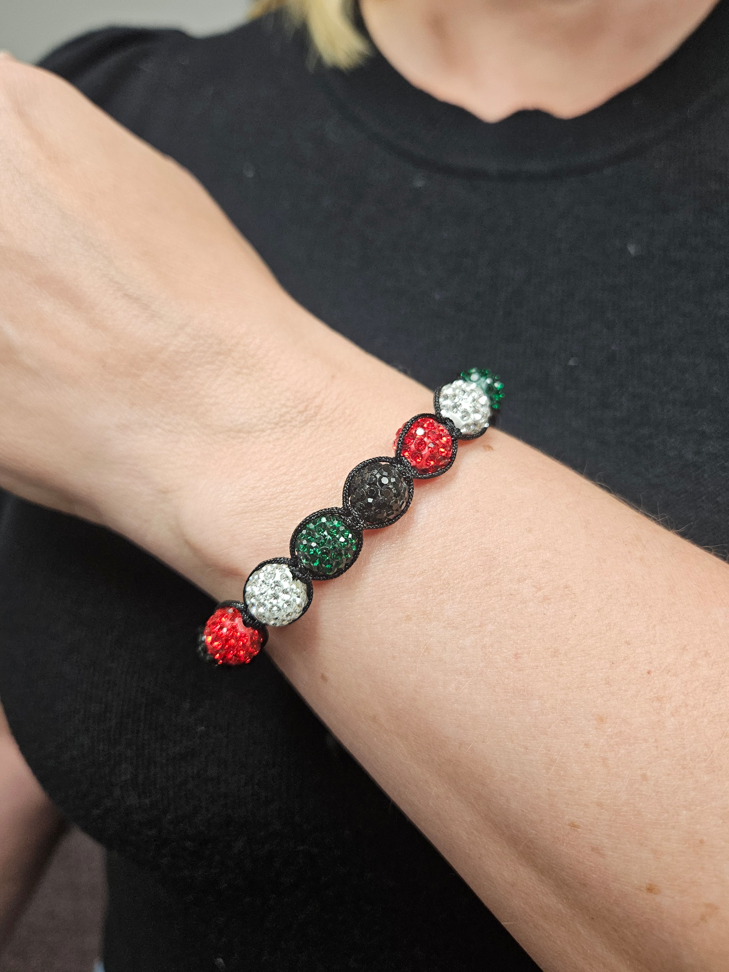 Palestine Colors Clay Balls with Rhinestones Bracelet - Adjustable Black Green White Red Rhinestone