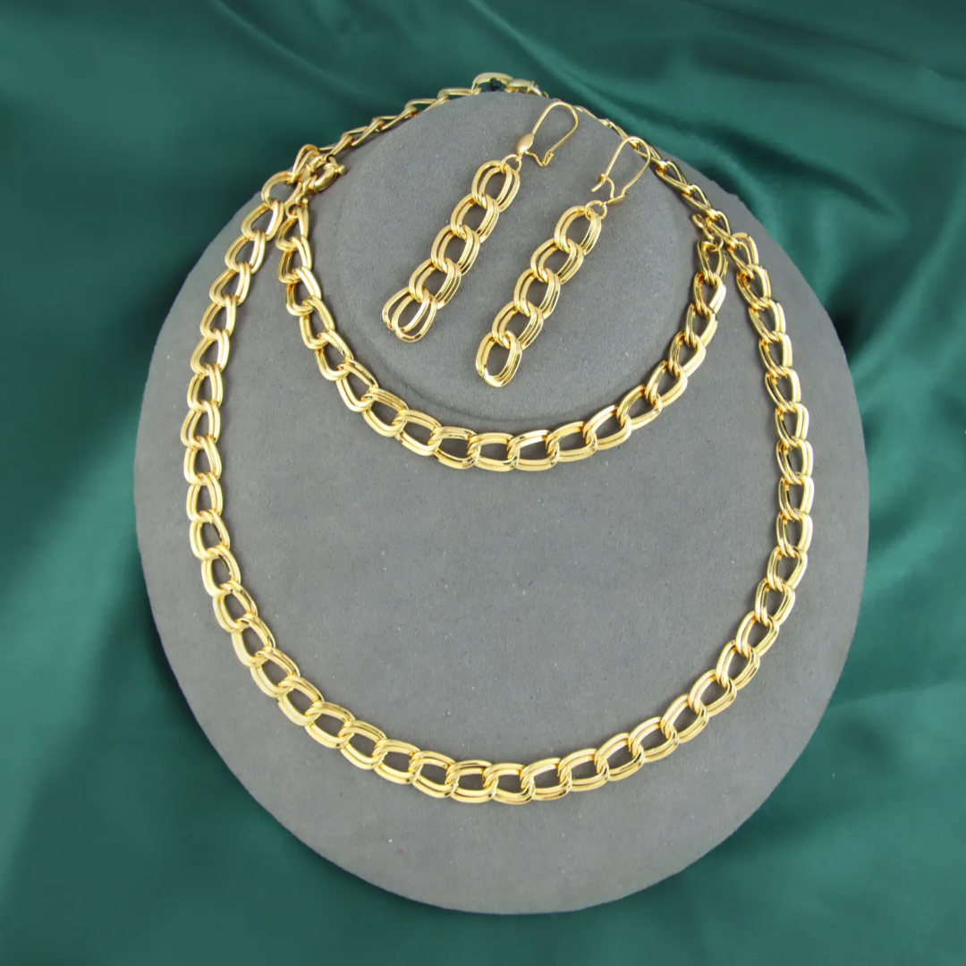 Cuban Link Chain Jewelry Set - Necklace, Earring, and Bracelet Matching Set