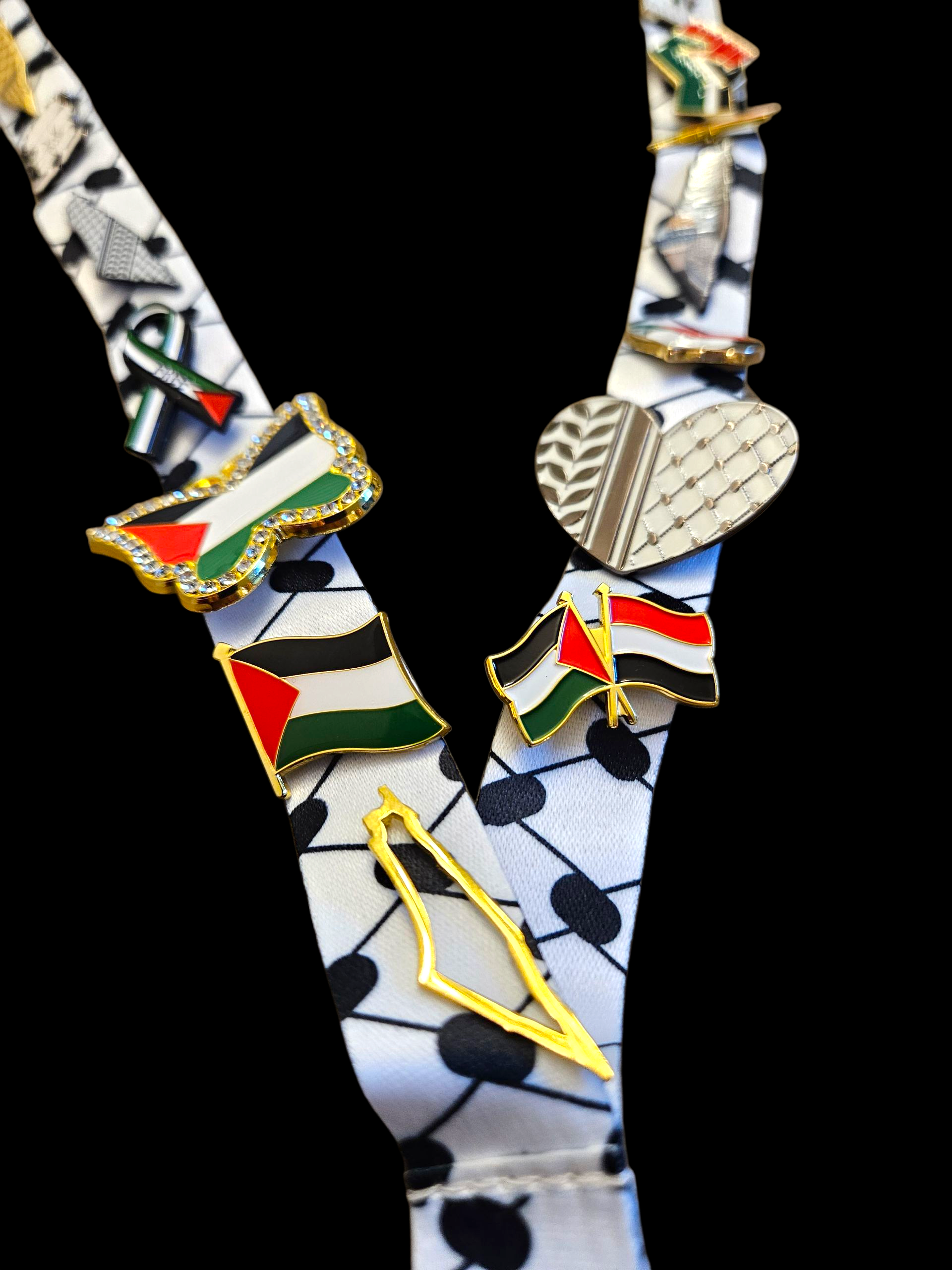 Limited Edition Palestinian Bling - Keffiyeh Lanyard with 14 Palestine Themed Pins / Lapels