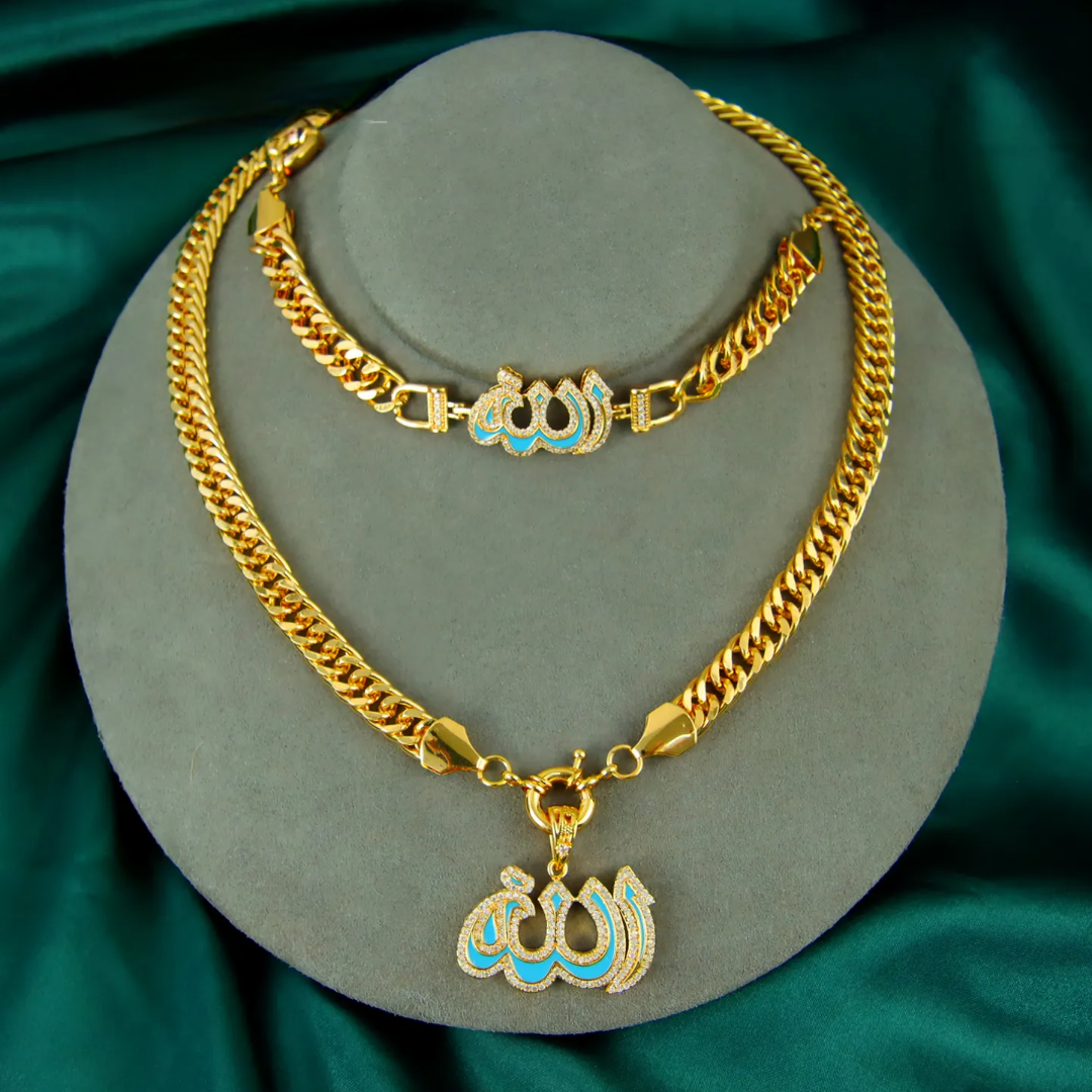 Allah Necklace and Matching Bracelet - Islamic Arabic Jewelry Set - 22k Gold Plated Brass Pendent Choker set