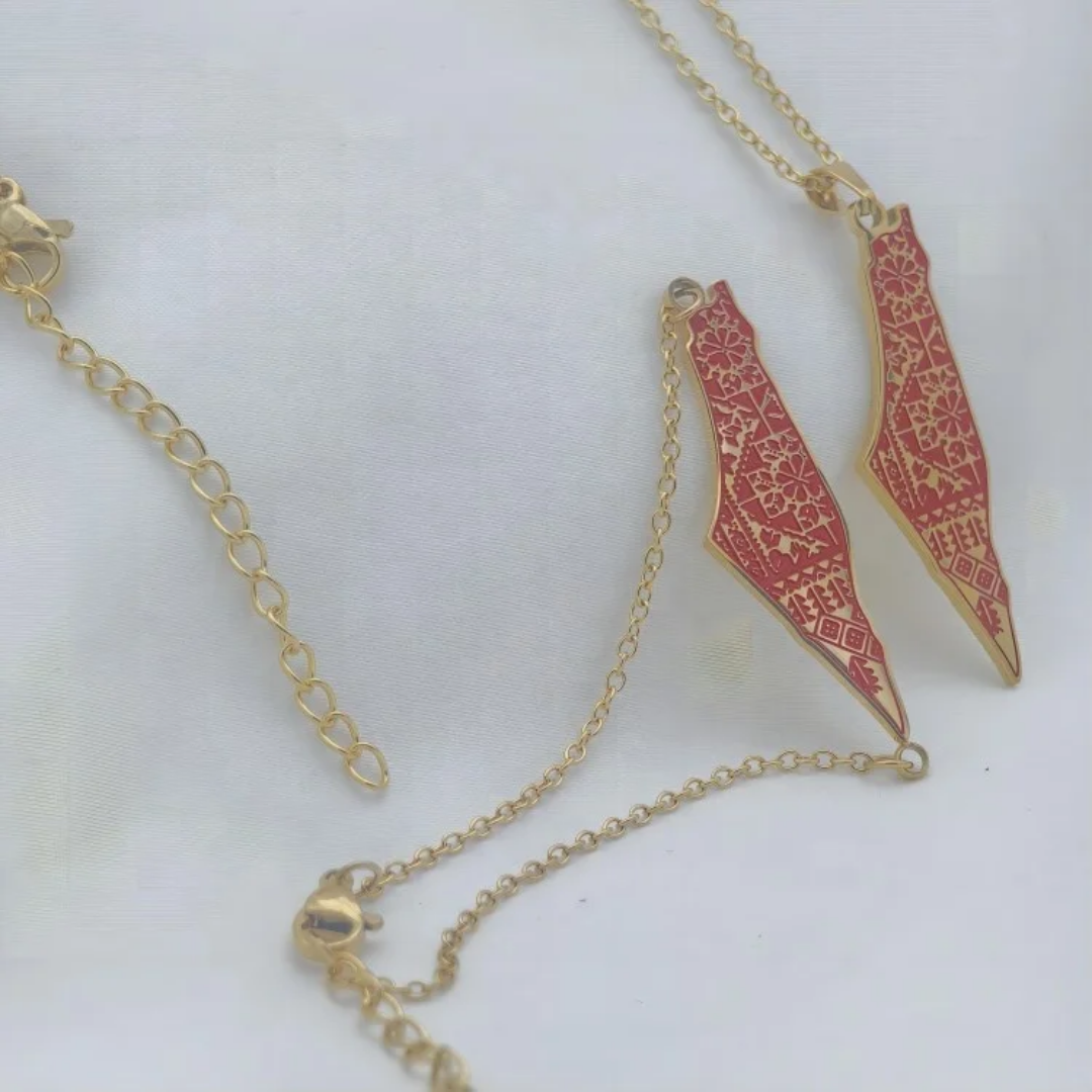 Palestine Tatreez Map Necklace Stainless Steel 18k Gold Plated Calligraphy Enamel Arabic Palestine Map Necklace