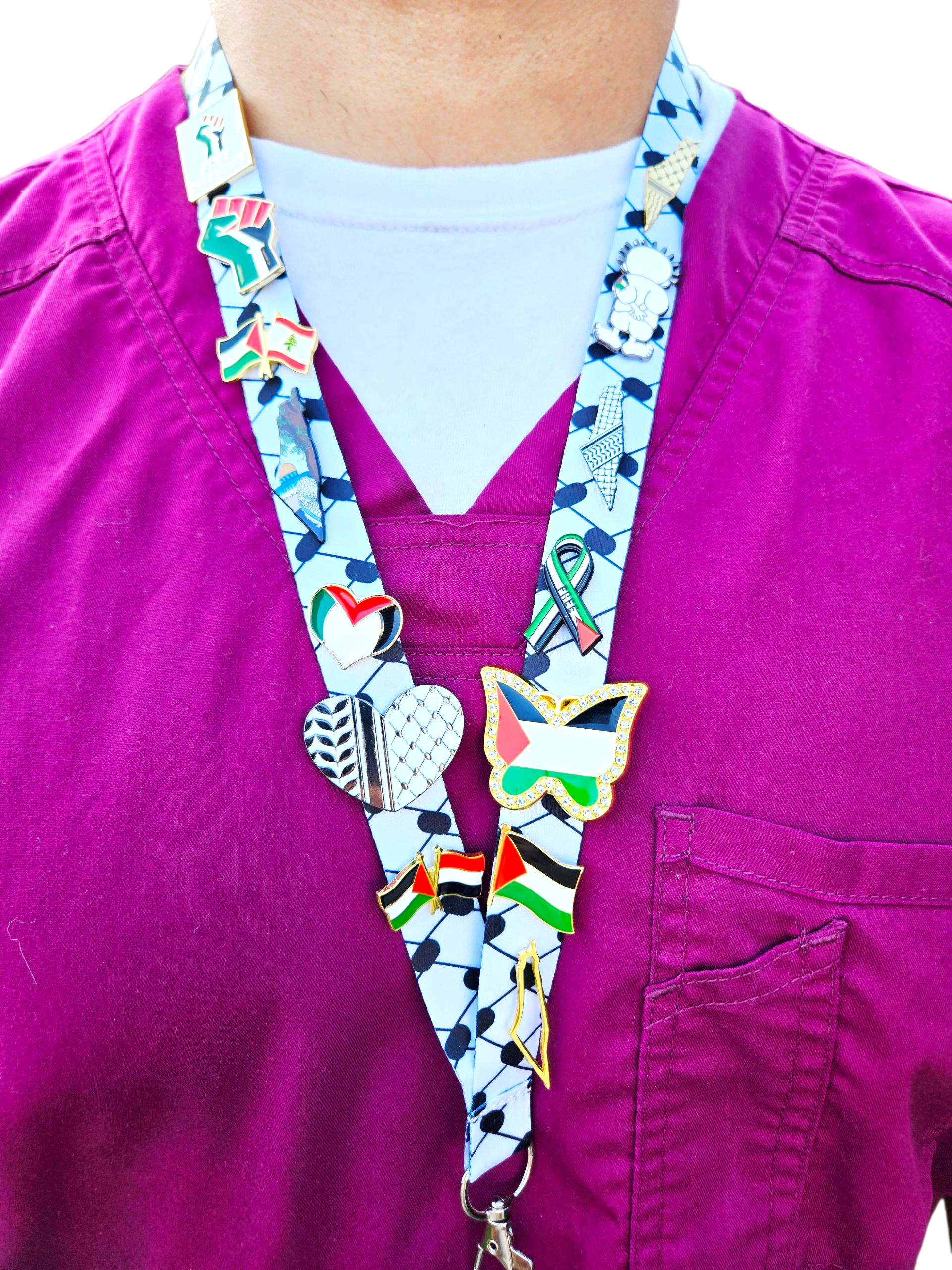 Limited Edition Palestinian Bling - Keffiyeh Lanyard with 14 Palestine Themed Pins / Lapels