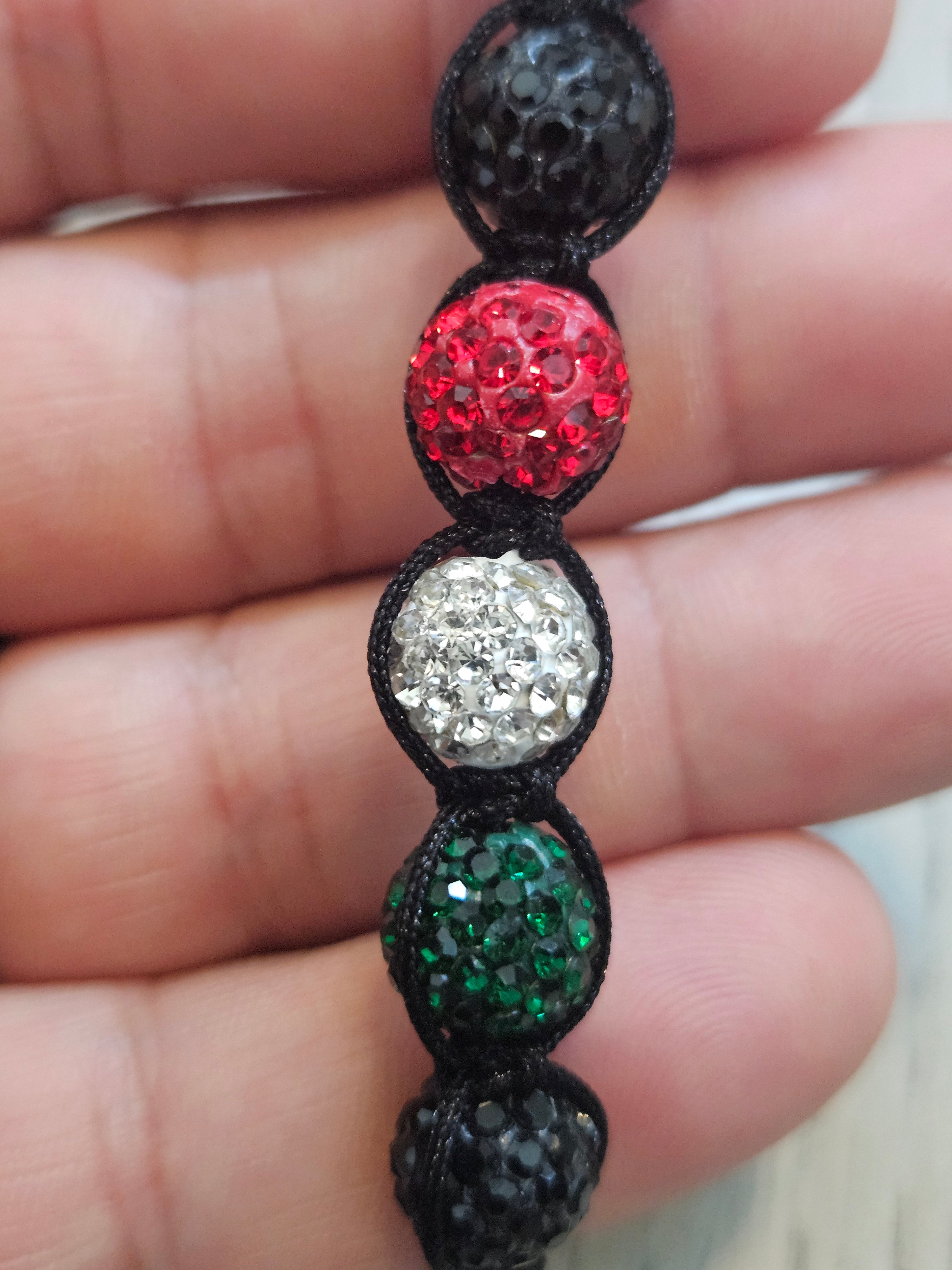 Palestine Colors Clay Balls with Rhinestones Bracelet - Adjustable Black Green White Red Rhinestone