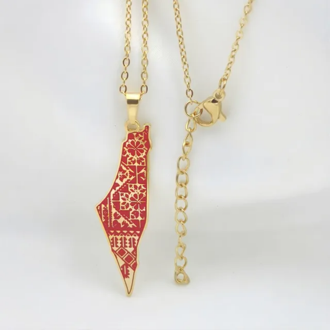 Palestine Tatreez Map Necklace Stainless Steel 18k Gold Plated Calligraphy Enamel Arabic Palestine Map Necklace