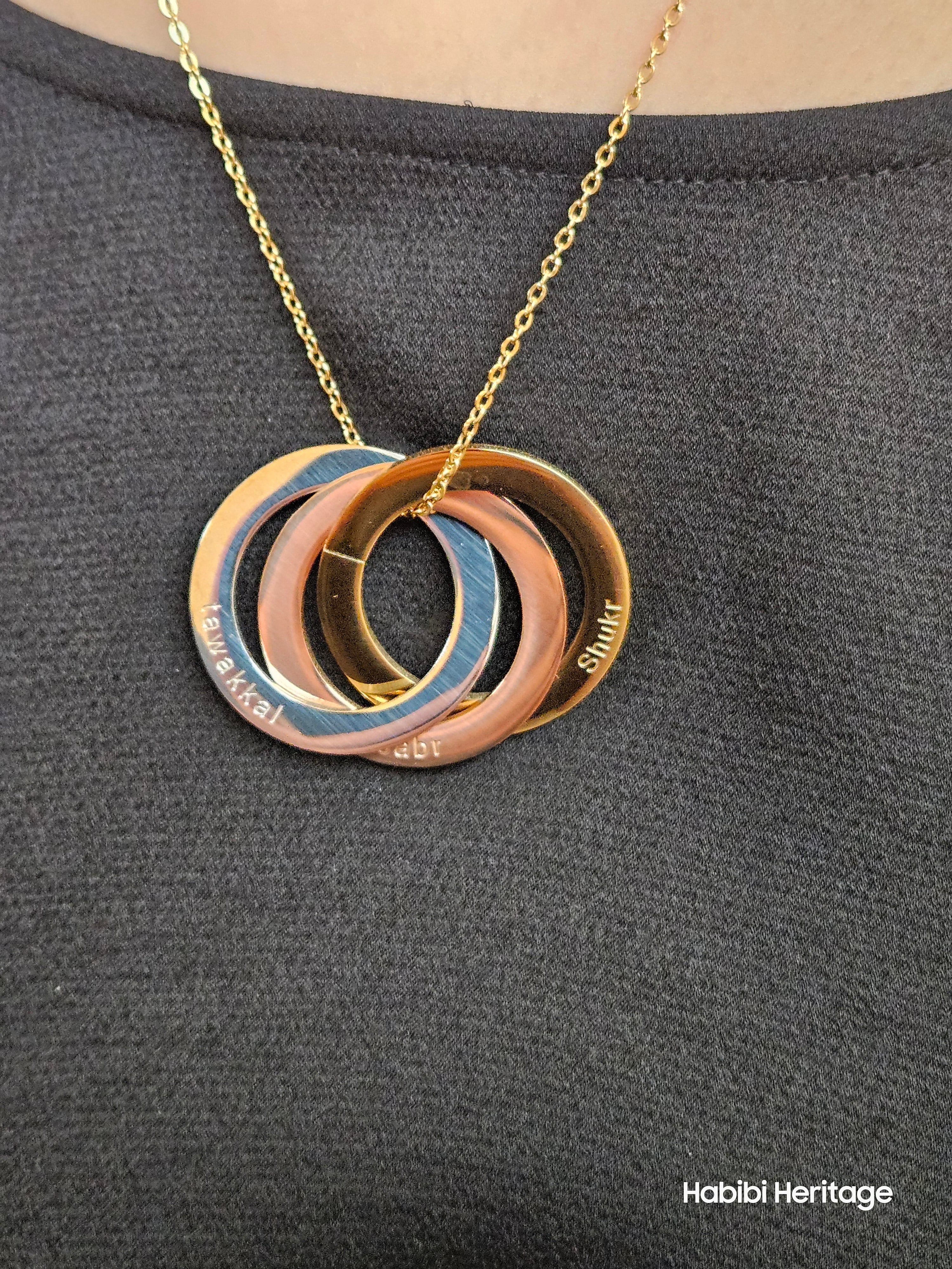 Patience, Thanks, & Trust Necklace - Sabr, Shukr, Tawakkul 3 Rings Circles Interlocked Three Virtues