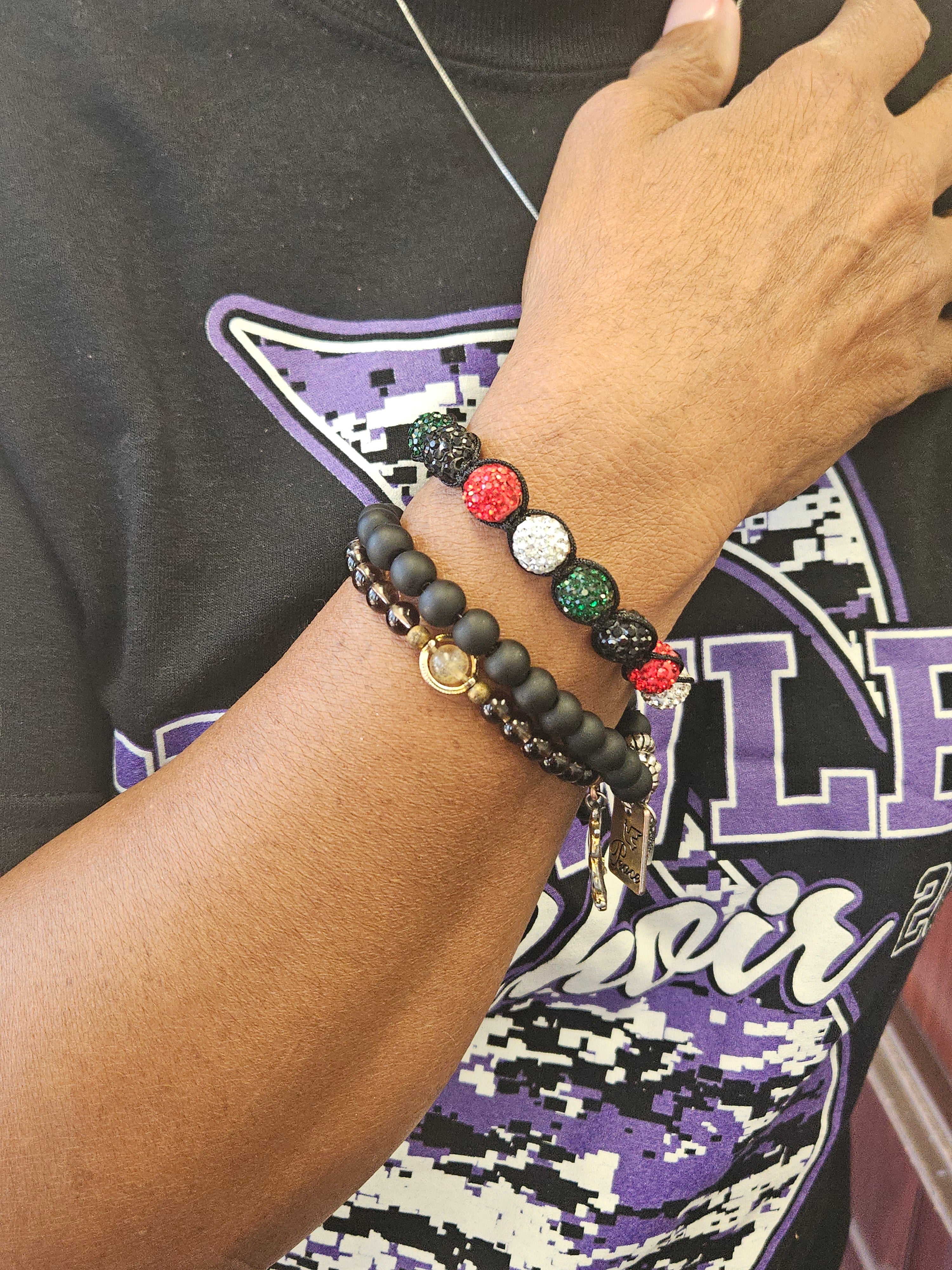 Palestine Colors Clay Balls with Rhinestones Bracelet - Adjustable Black Green White Red Rhinestone