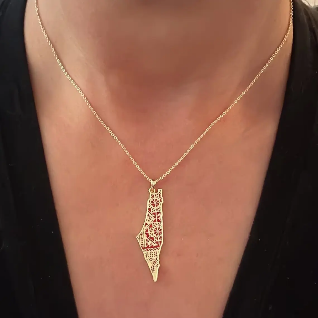 Palestine Tatreez Map Necklace Stainless Steel 18k Gold Plated Calligraphy Enamel Arabic Palestine Map Necklace