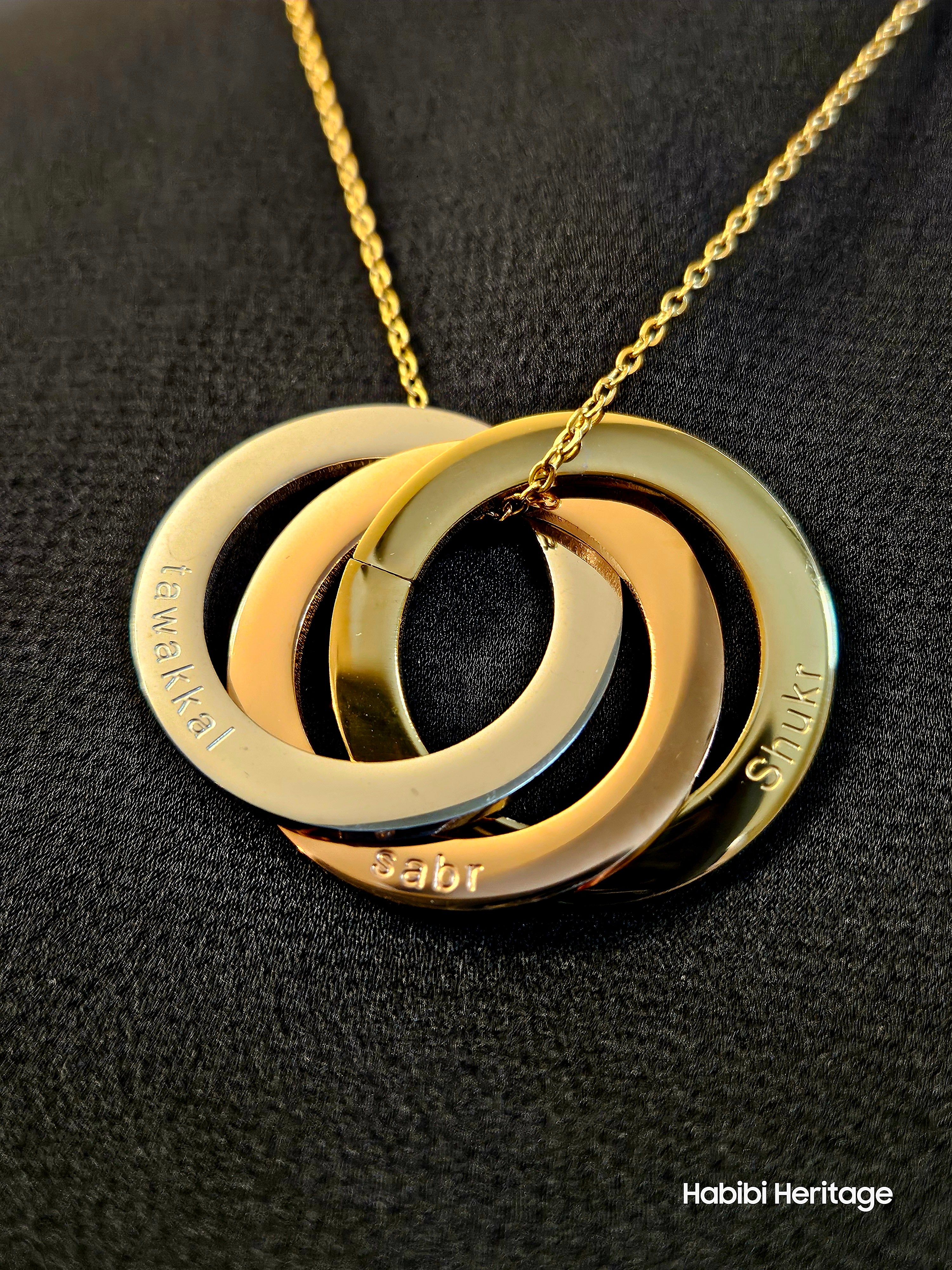 Patience, Thanks, & Trust Necklace - Sabr, Shukr, Tawakkul 3 Rings Circles Interlocked Three Virtues