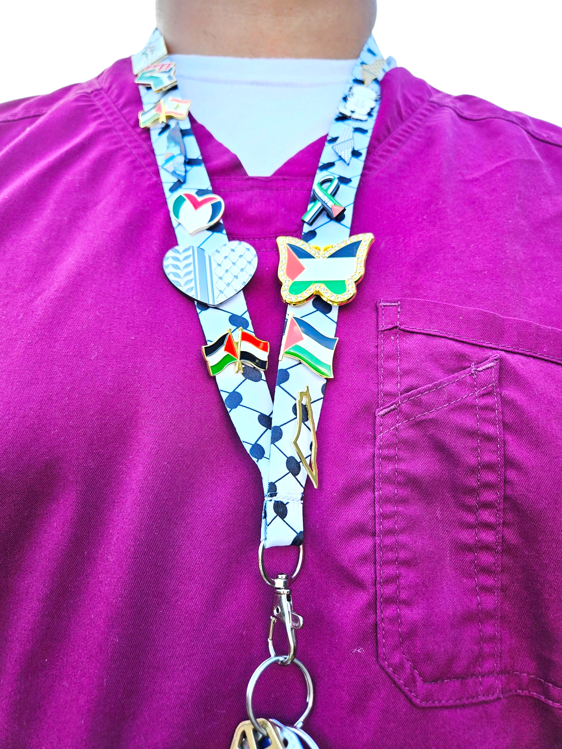 Limited Edition Palestinian Bling - Keffiyeh Lanyard with 14 Palestine Themed Pins / Lapels