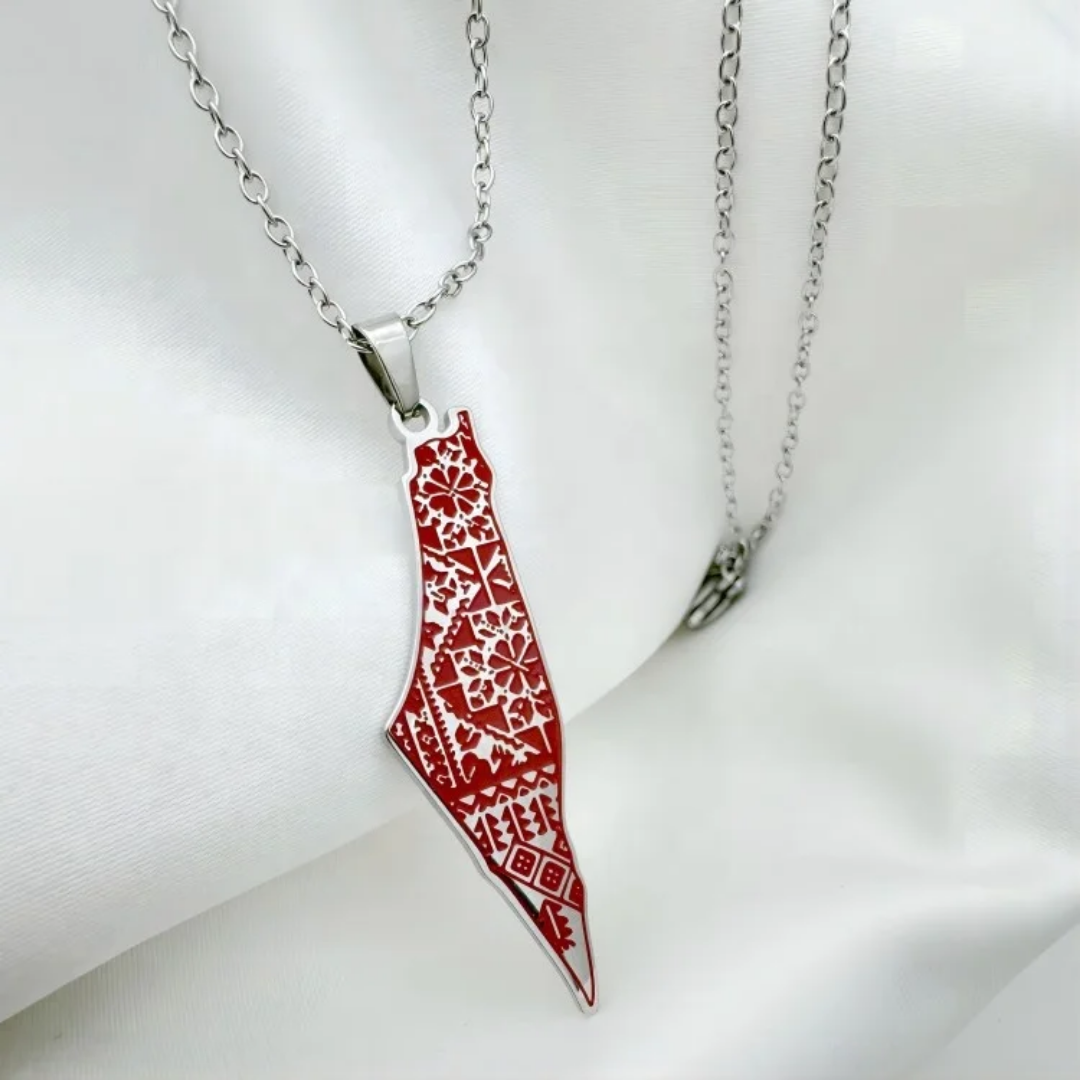 Palestine Tatreez Map Necklace Stainless Steel 18k Gold Plated Calligraphy Enamel Arabic Palestine Map Necklace