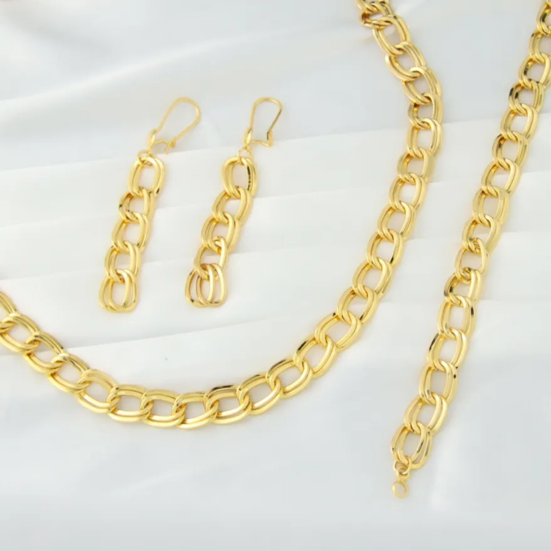 Cuban Link Chain Jewelry Set - Necklace, Earring, and Bracelet Matching Set