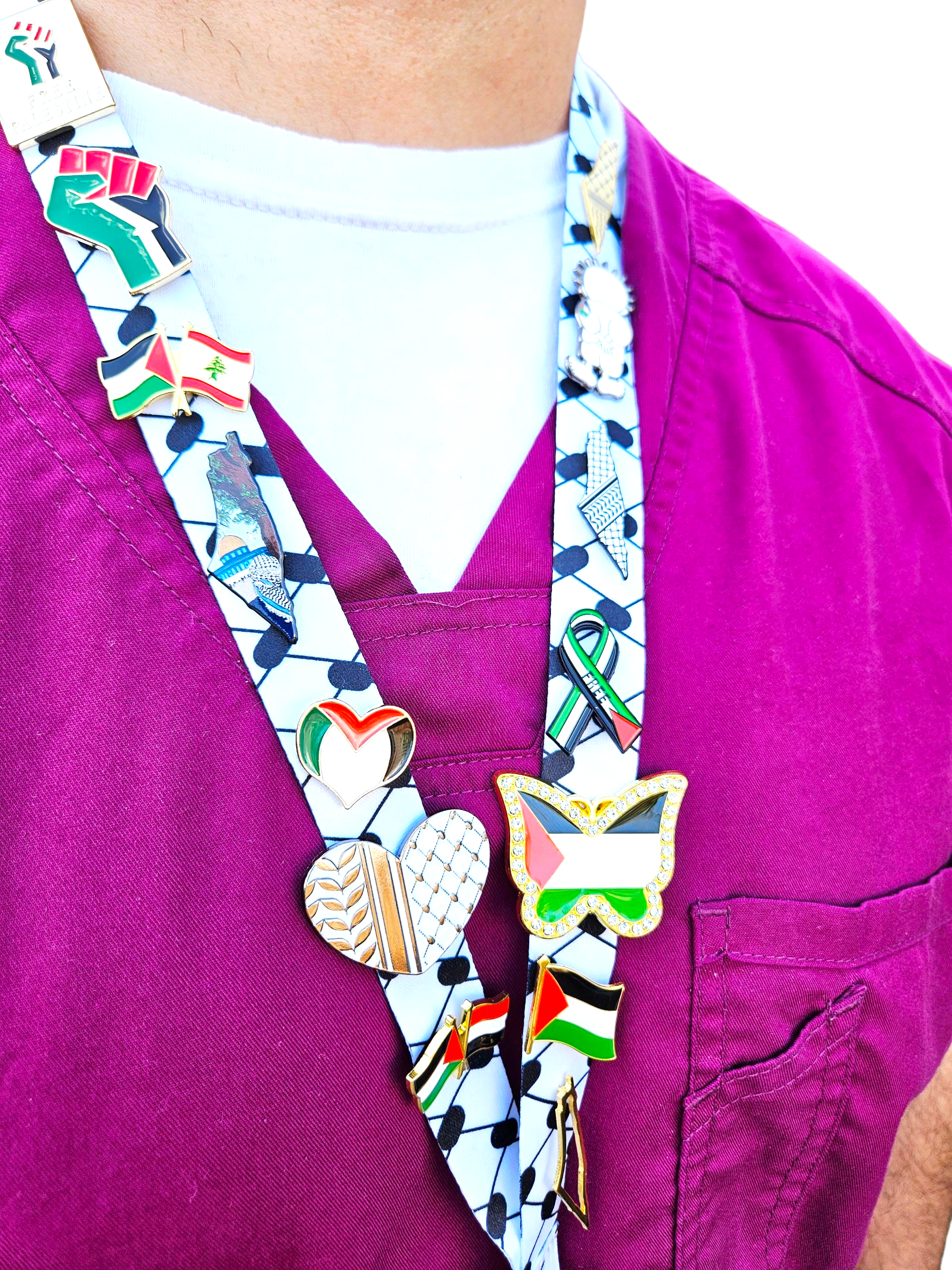 Limited Edition Palestinian Bling - Keffiyeh Lanyard with 14 Palestine Themed Pins / Lapels