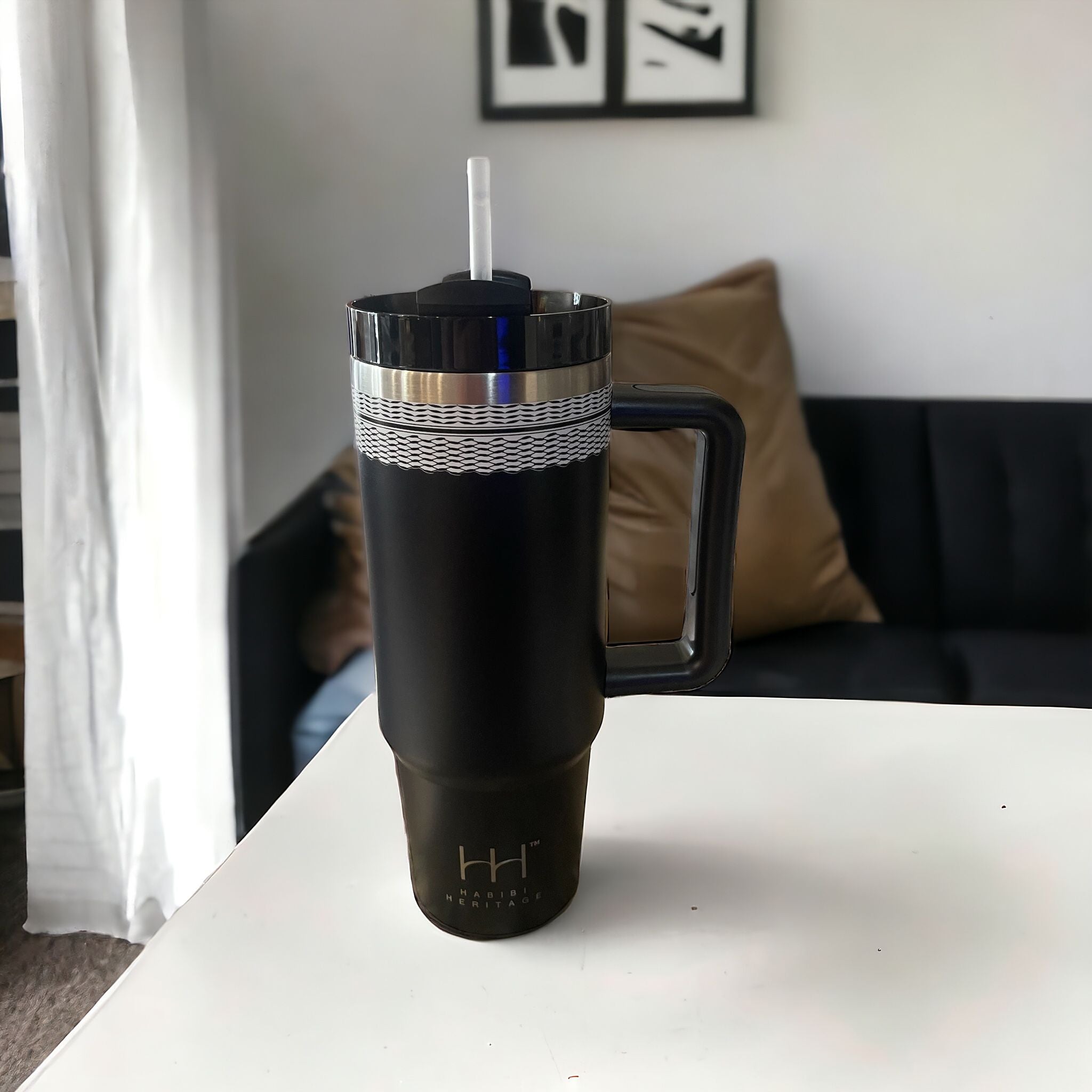 30oz Tumbler Cup Double Wall Stainless Steel Vacuum Insulted Mug with Handle - Keffiyeh Design - Habibi Heritage