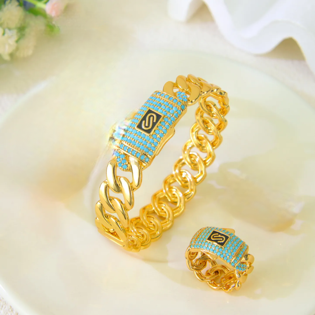 Luxury Dubai Style - Italian Design Blue Zircon Bangle & Ring Set