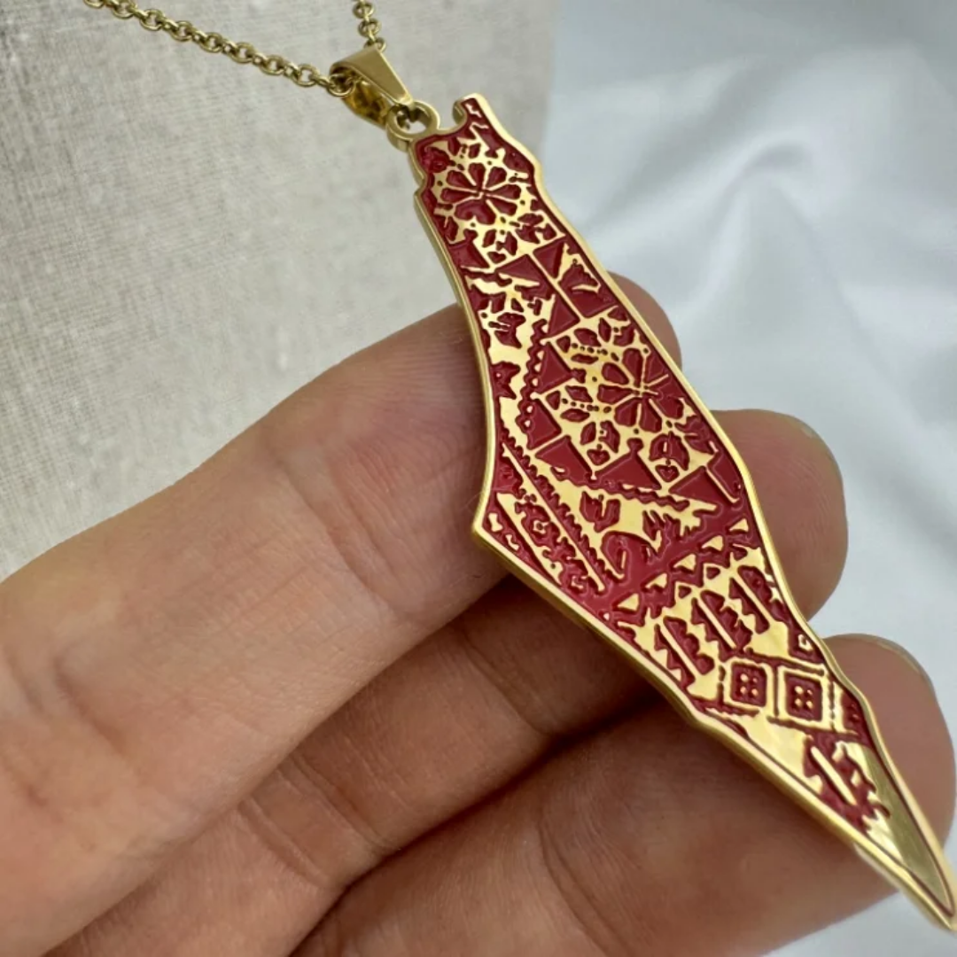 Palestine Tatreez Map Necklace Stainless Steel 18k Gold Plated Calligraphy Enamel Arabic Palestine Map Necklace