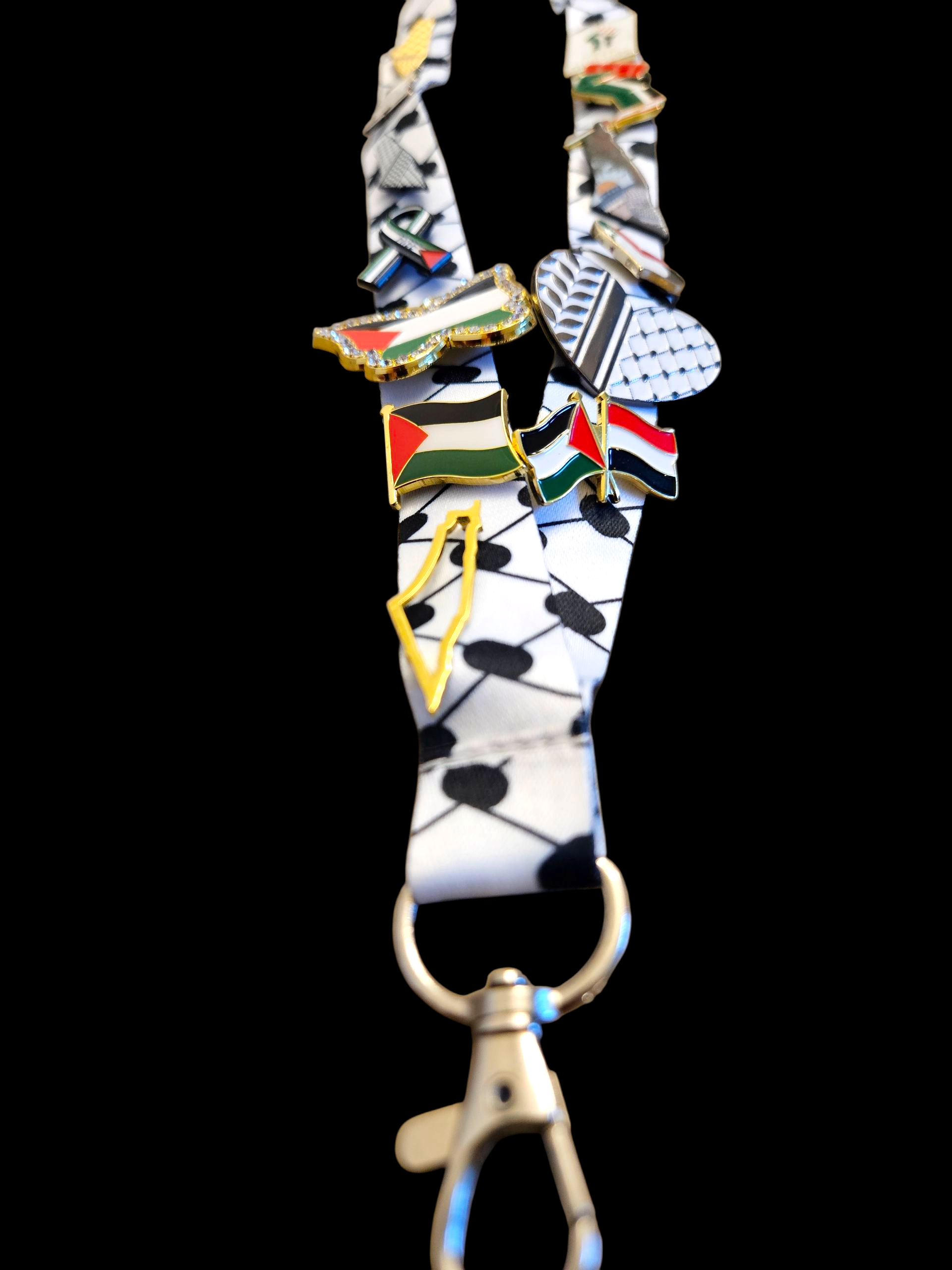 Limited Edition Palestinian Bling - Keffiyeh Lanyard with 14 Palestine Themed Pins / Lapels