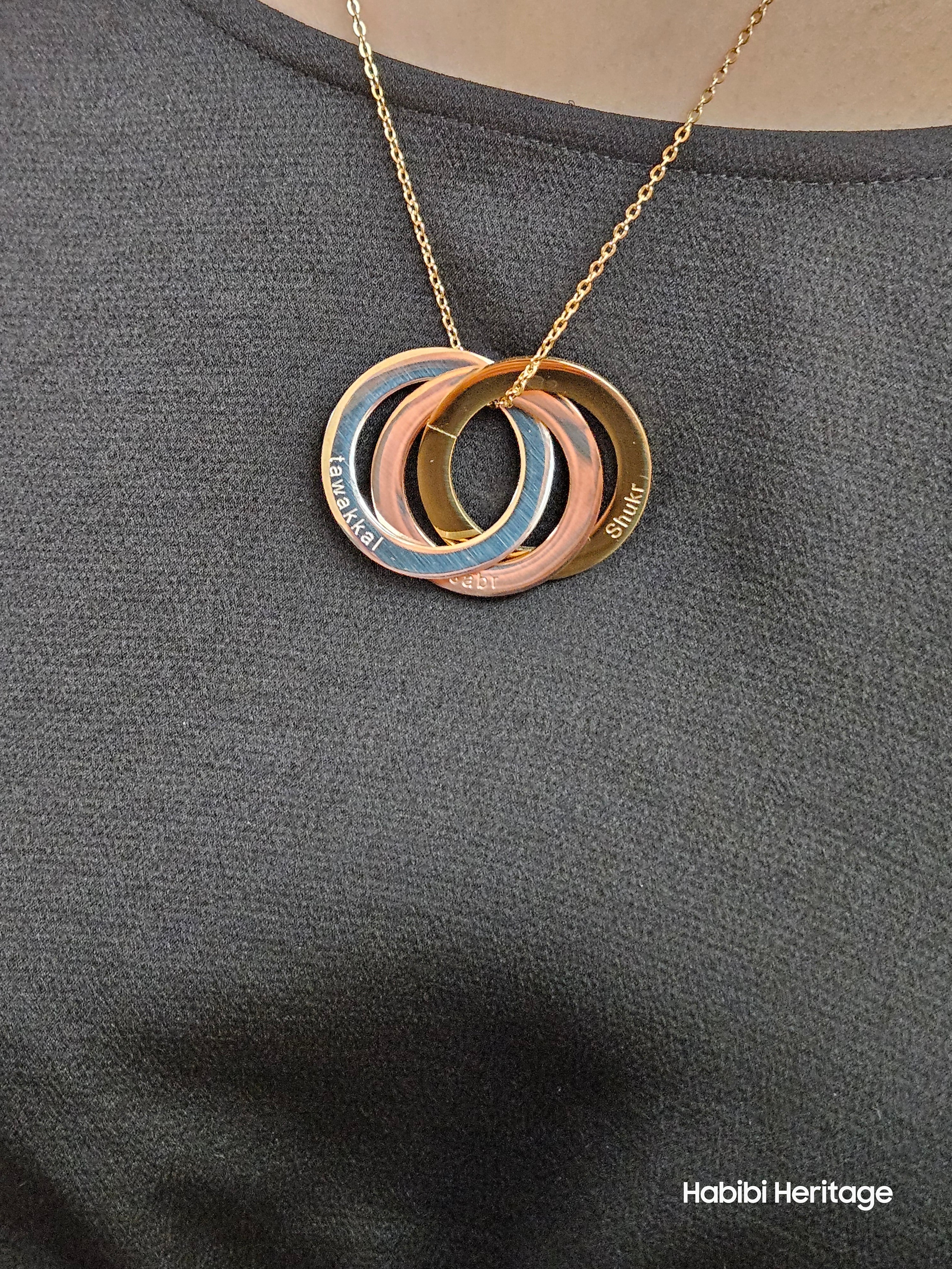 Patience, Thanks, & Trust Necklace - Sabr, Shukr, Tawakkul 3 Rings Circles Interlocked Three Virtues