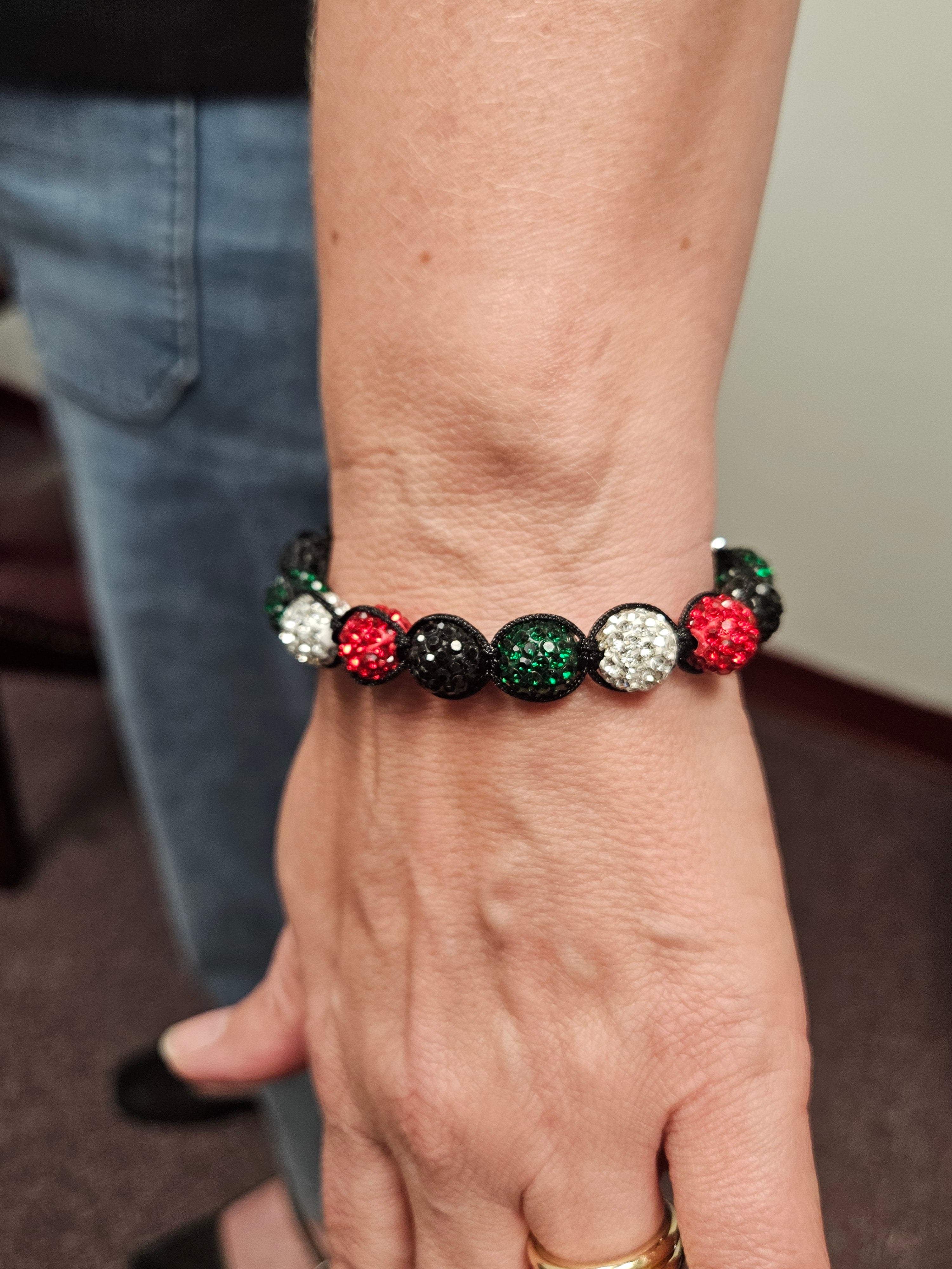 Palestine Colors Clay Balls with Rhinestones Bracelet - Adjustable Black Green White Red Rhinestone