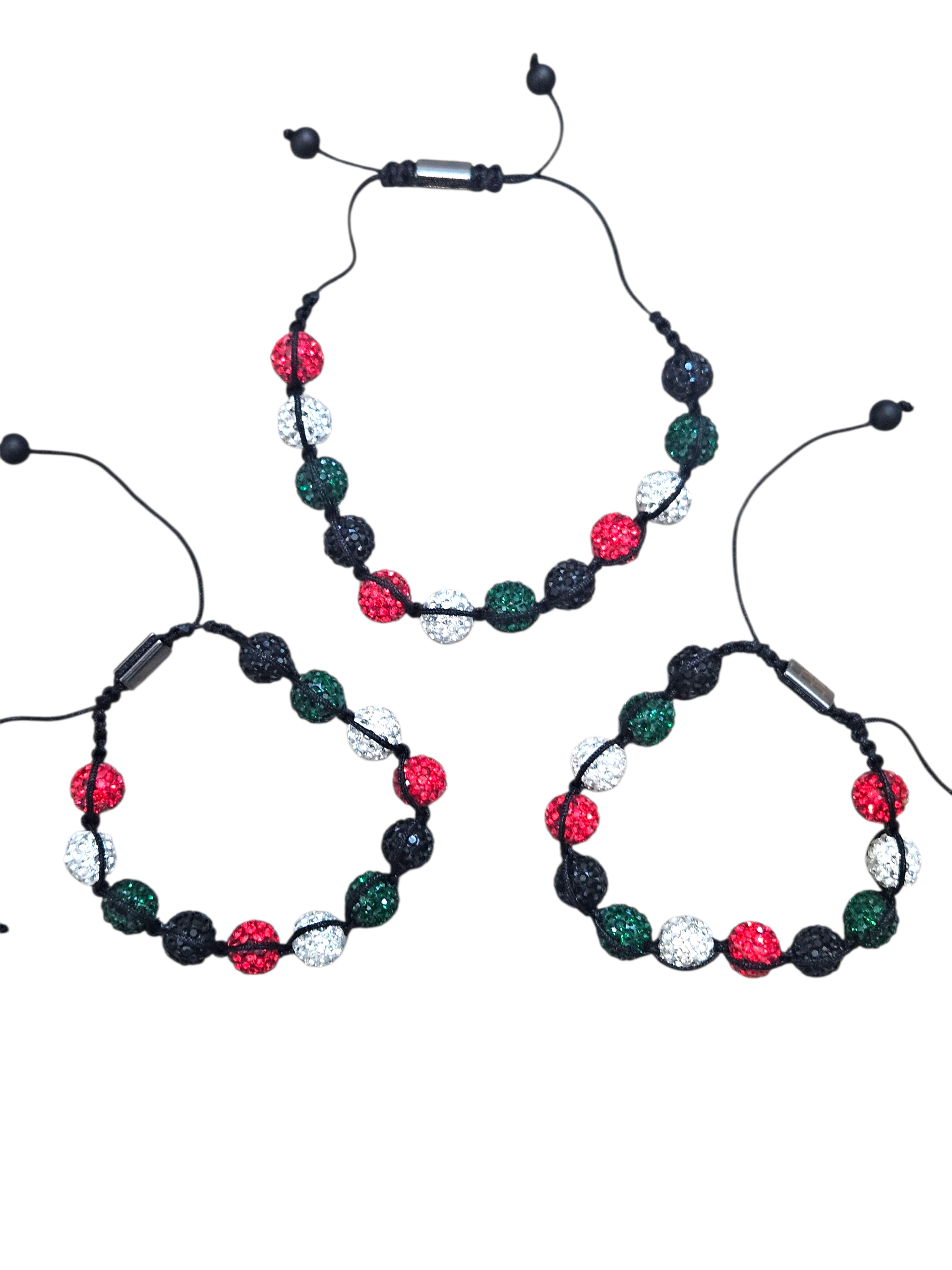 Palestine Colors Clay Balls with Rhinestones Bracelet - Adjustable Black Green White Red Rhinestone