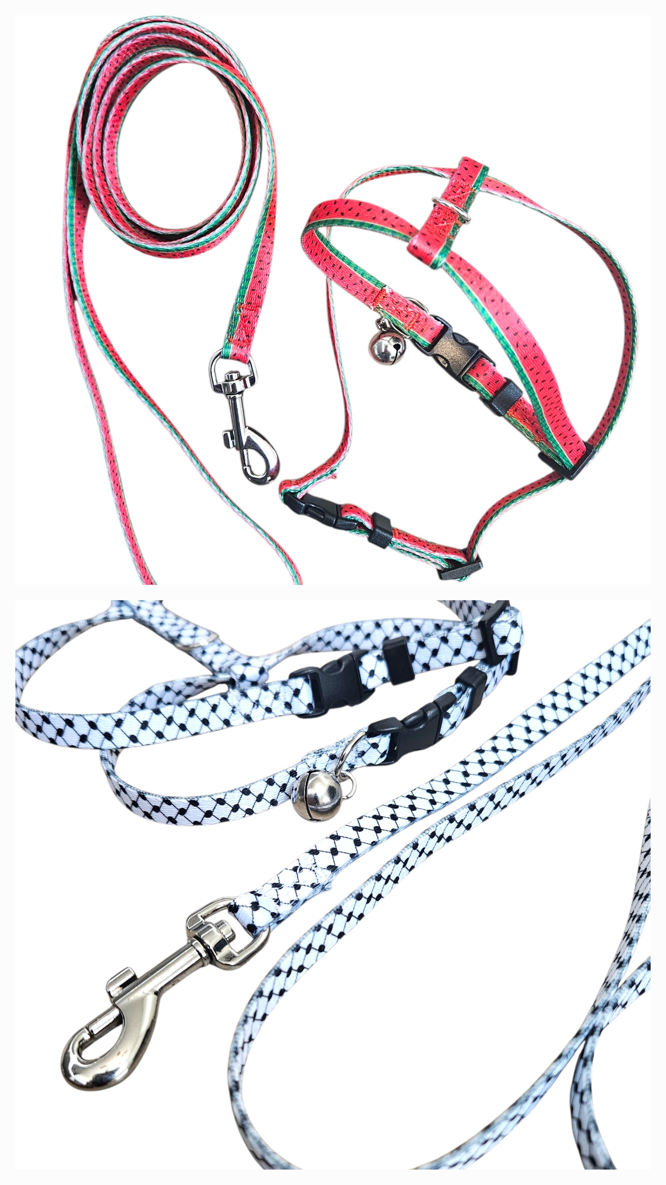 Cat Harness & Leash Set - Watermelon and Keffiyeh Pattern