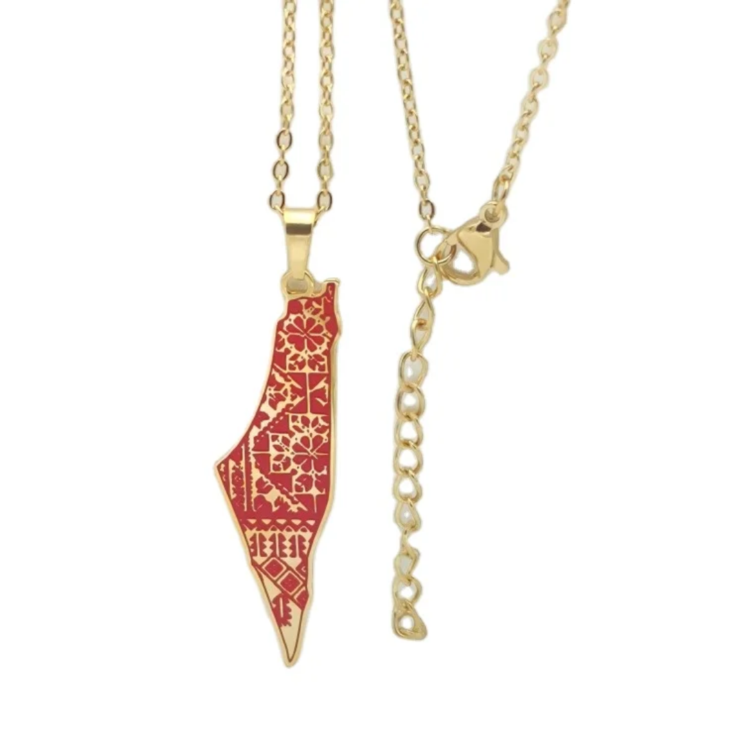 Palestine Tatreez Map Necklace Stainless Steel 18k Gold Plated Calligraphy Enamel Arabic Palestine Map Necklace
