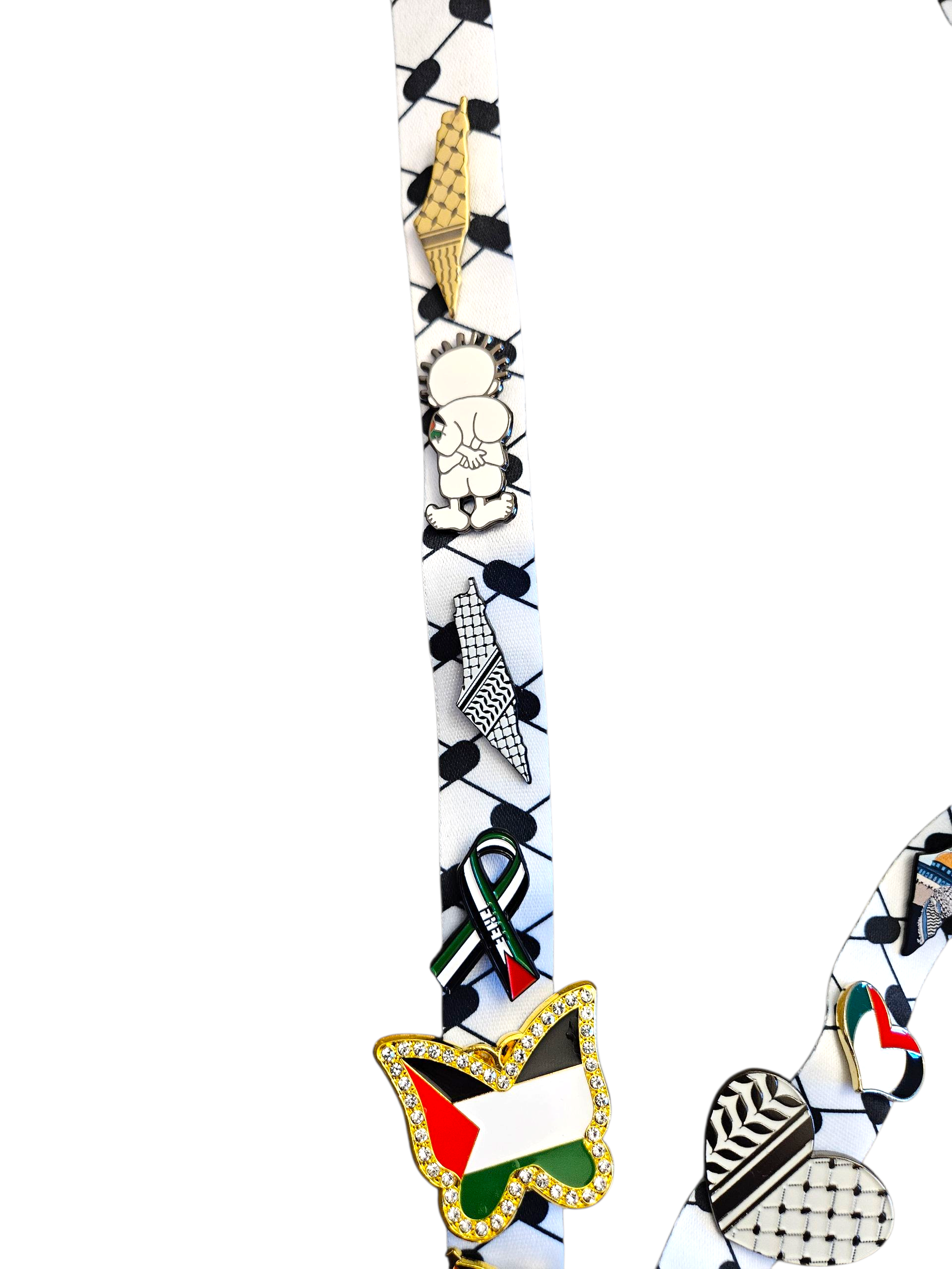 Limited Edition Palestinian Bling - Keffiyeh Lanyard with 14 Palestine Themed Pins / Lapels