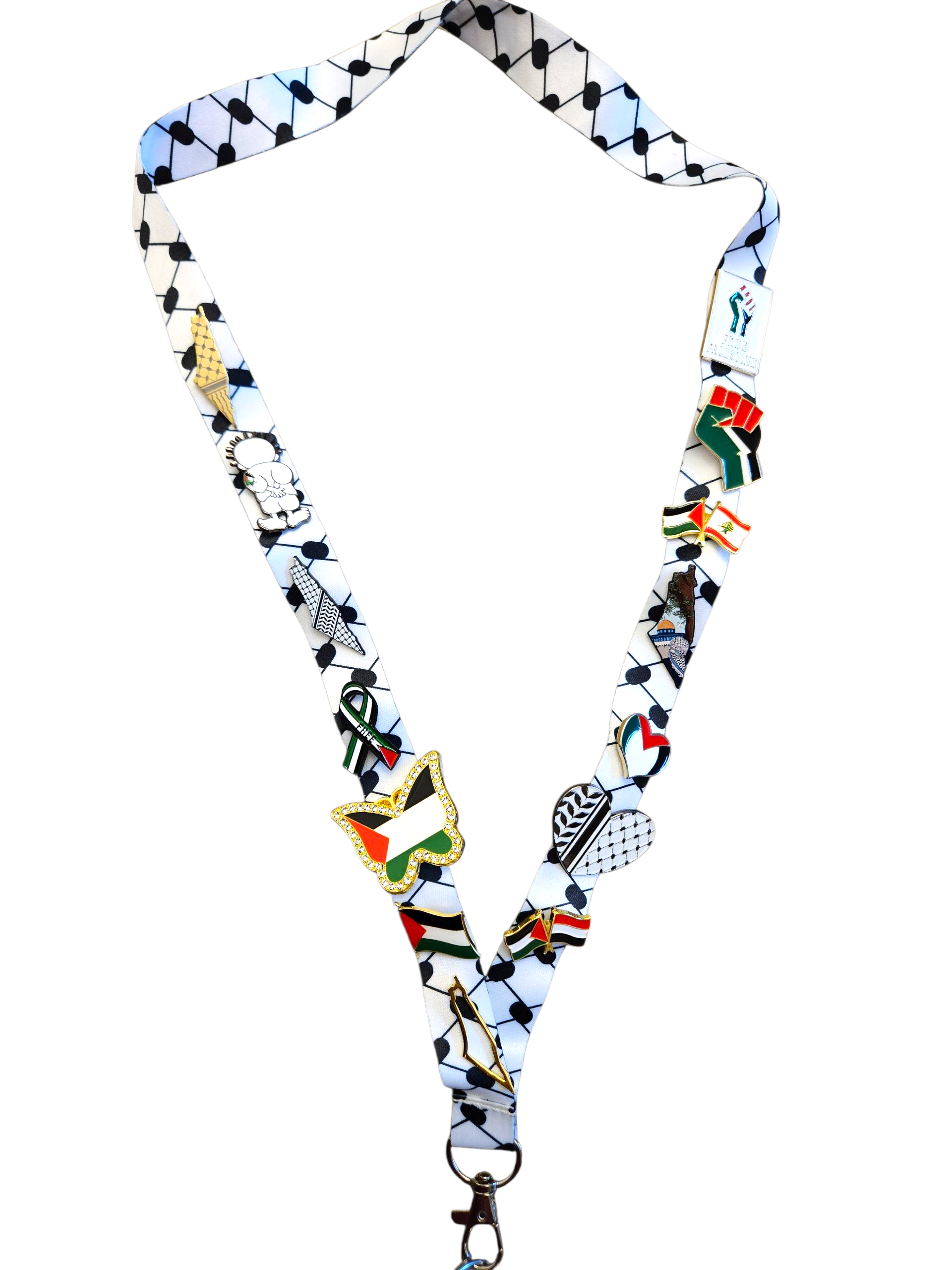 Limited Edition Palestinian Bling - Keffiyeh Lanyard with 14 Palestine Themed Pins / Lapels