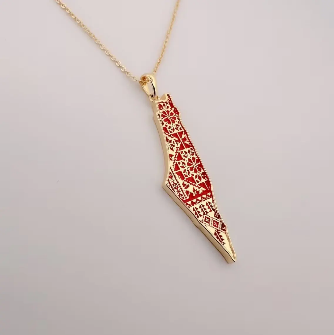 Palestine Tatreez Map Necklace Stainless Steel 18k Gold Plated Calligraphy Enamel Arabic Palestine Map Necklace