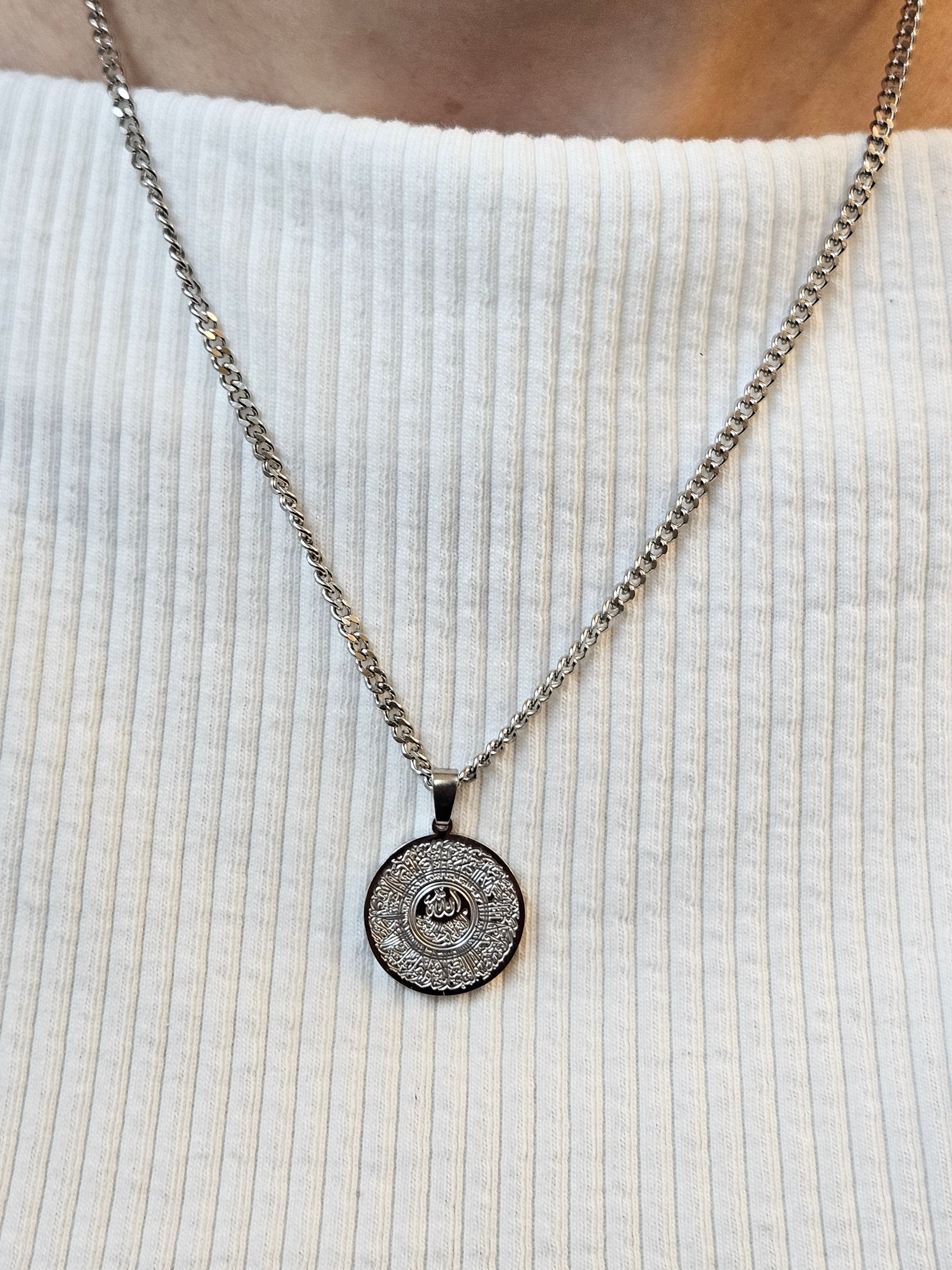 Ayatul Kursi Necklace Silver Stainless Steel - Round Islamic Jewelry