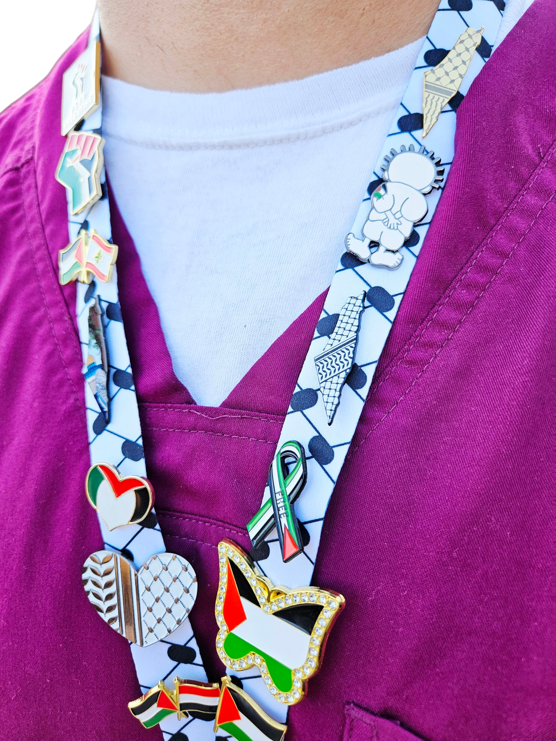 Limited Edition Palestinian Bling - Keffiyeh Lanyard with 14 Palestine Themed Pins / Lapels