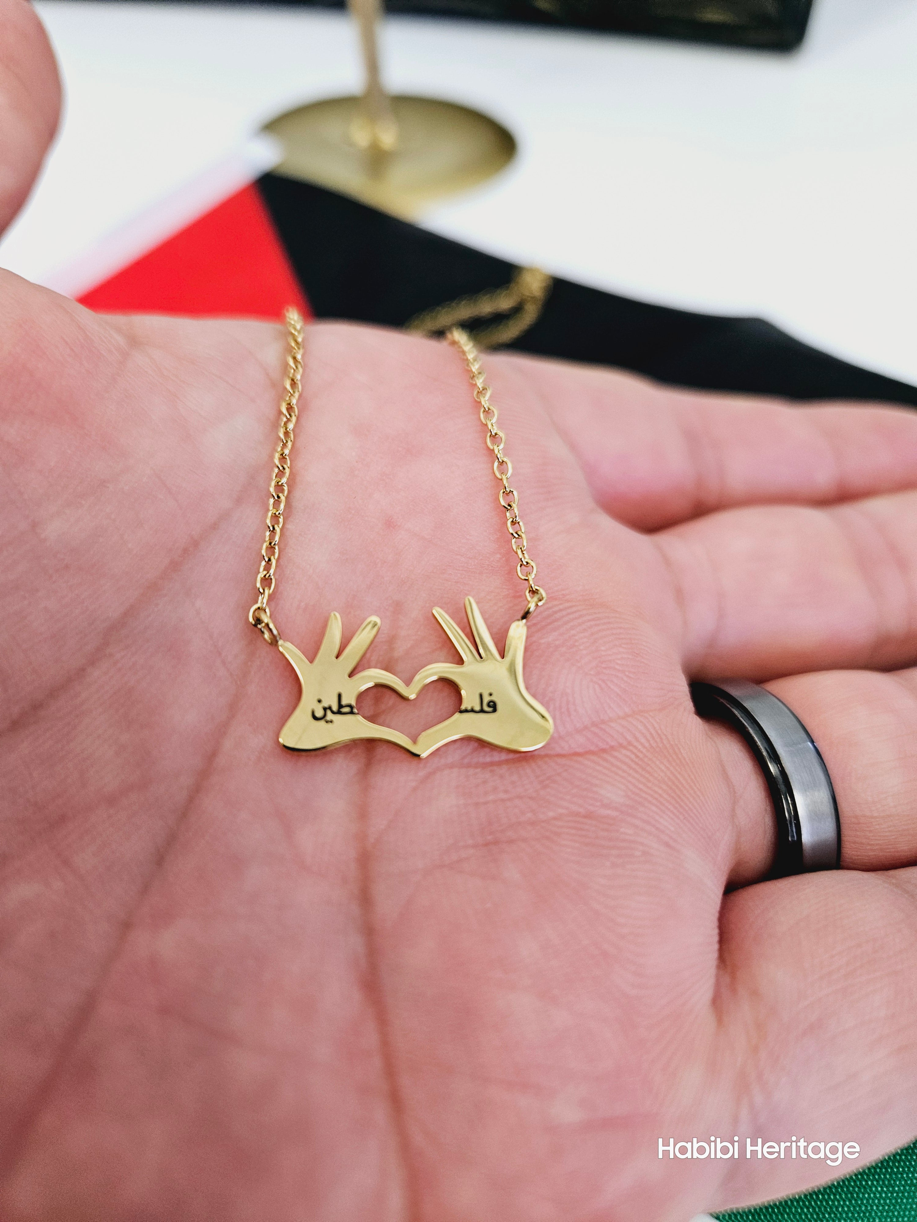 Love Palestine Hand Heart Necklace - Habibi Heritage