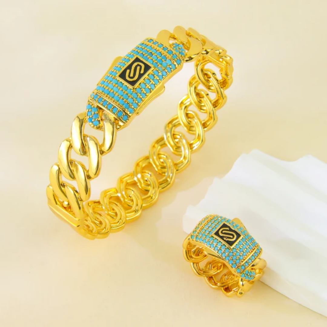 Luxury Dubai Style - Italian Design Blue Zircon Bangle & Ring Set