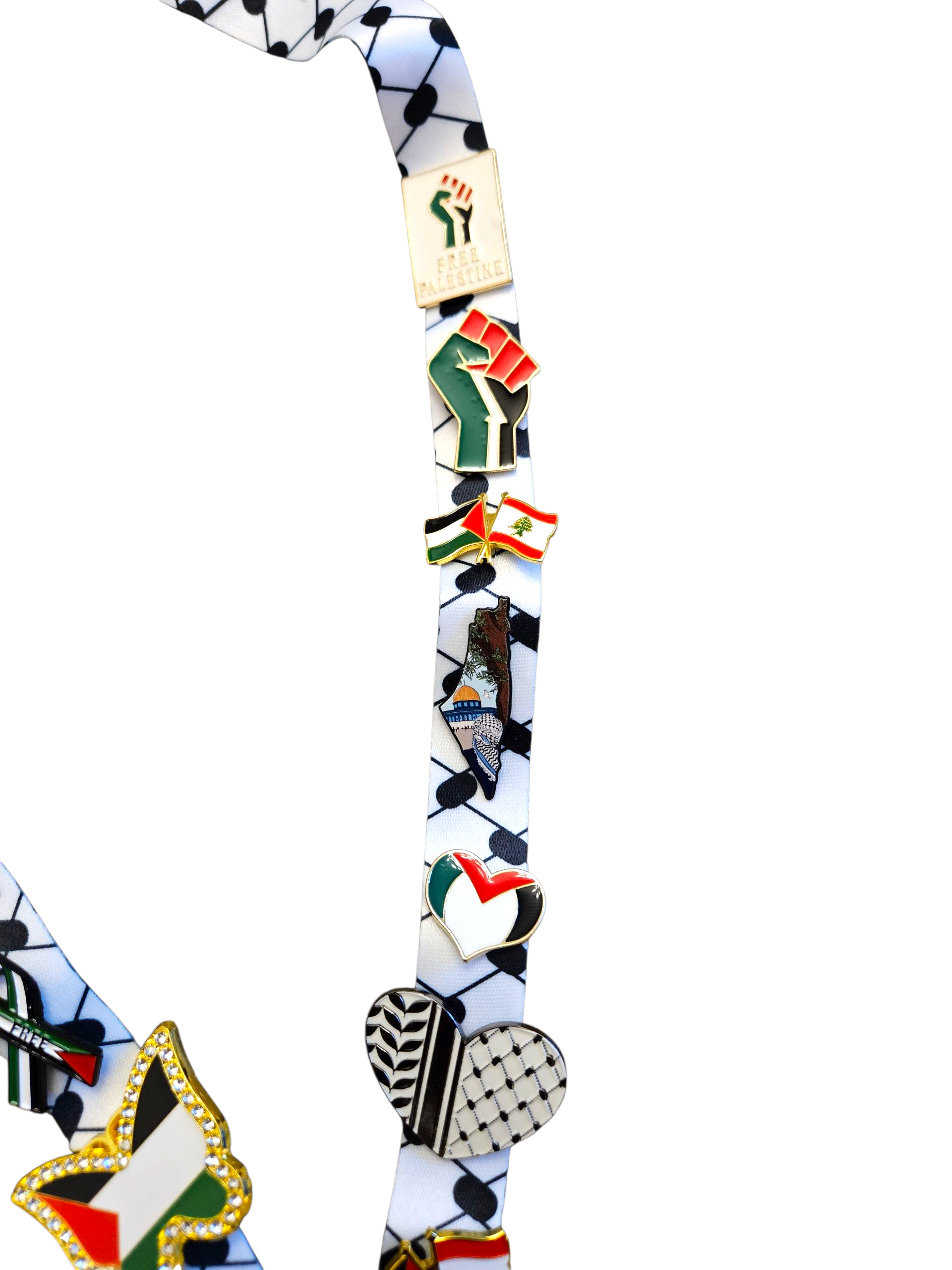 Limited Edition Palestinian Bling - Keffiyeh Lanyard with 14 Palestine Themed Pins / Lapels