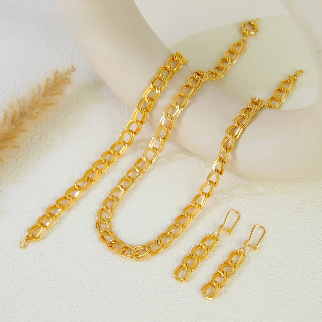 Cuban Link Chain Jewelry Set - Necklace, Earring, and Bracelet Matching Set