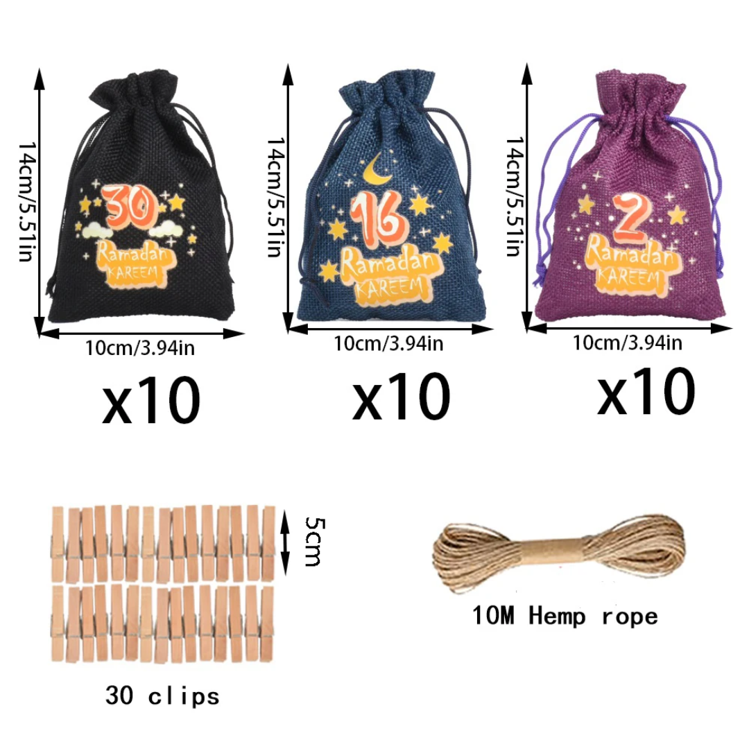 Ramadan Countdown Calender with Drawstring Gift Bag Set (1-30) with 30 clips & Hemp String Eid Decoration