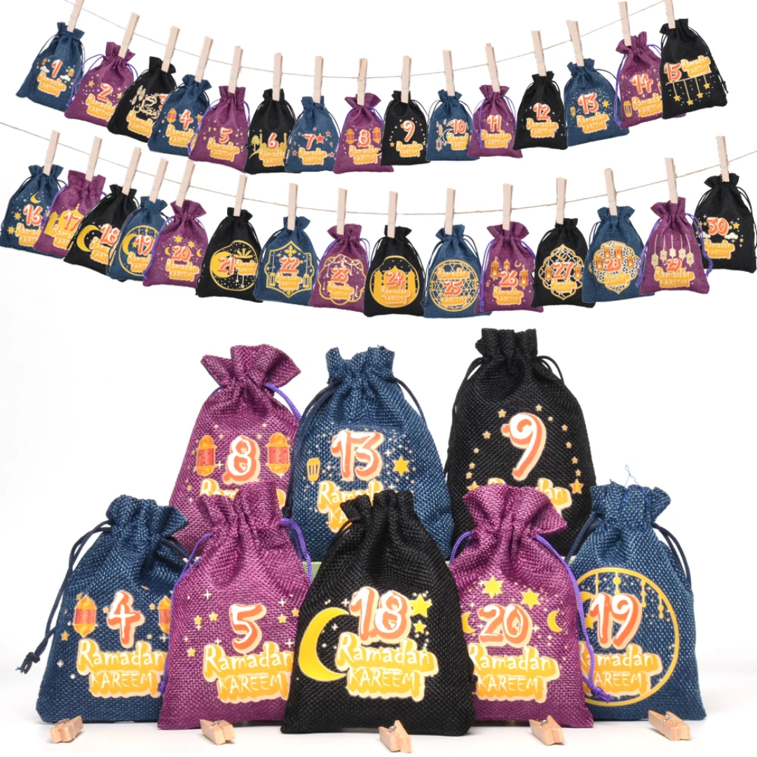 Ramadan Countdown Calender with Drawstring Gift Bag Set (1-30) with 30 clips & Hemp String Eid Decoration