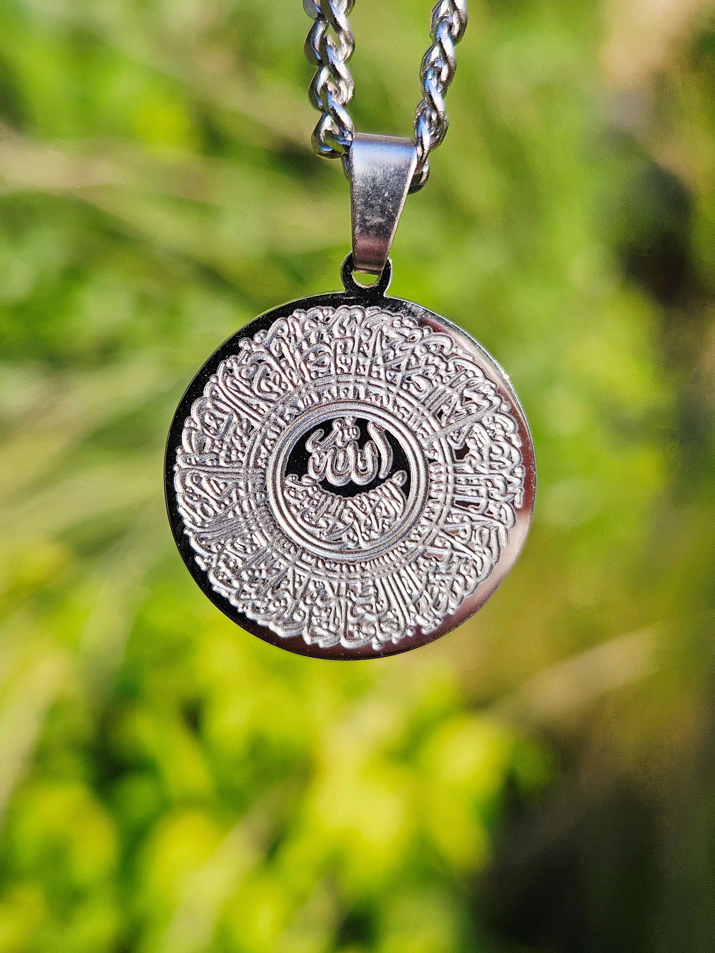 Ayatul Kursi Necklace Silver Stainless Steel - Round Islamic Jewelry