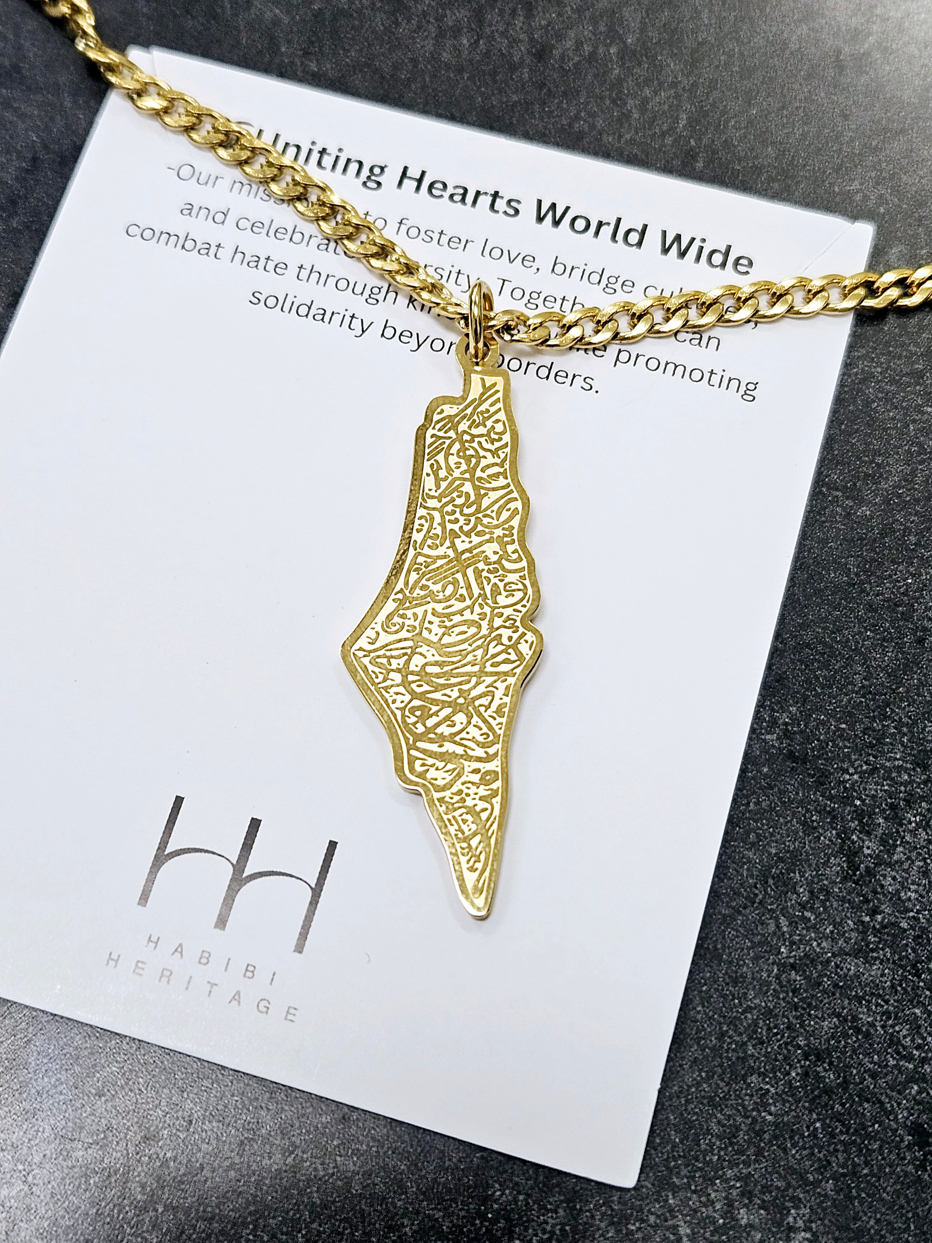 Palestine Map Necklace with Arabic Calligraphy - Habibi Heritage