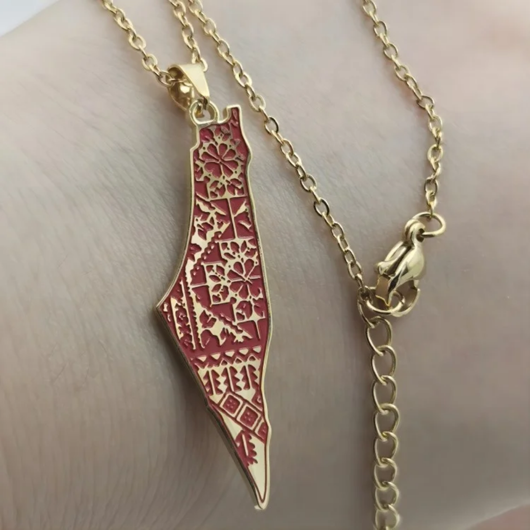 Palestine Tatreez Map Necklace Stainless Steel 18k Gold Plated Calligraphy Enamel Arabic Palestine Map Necklace