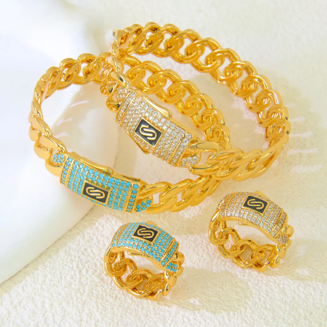 Luxury Dubai Style - Italian Design Blue Zircon Bangle & Ring Set
