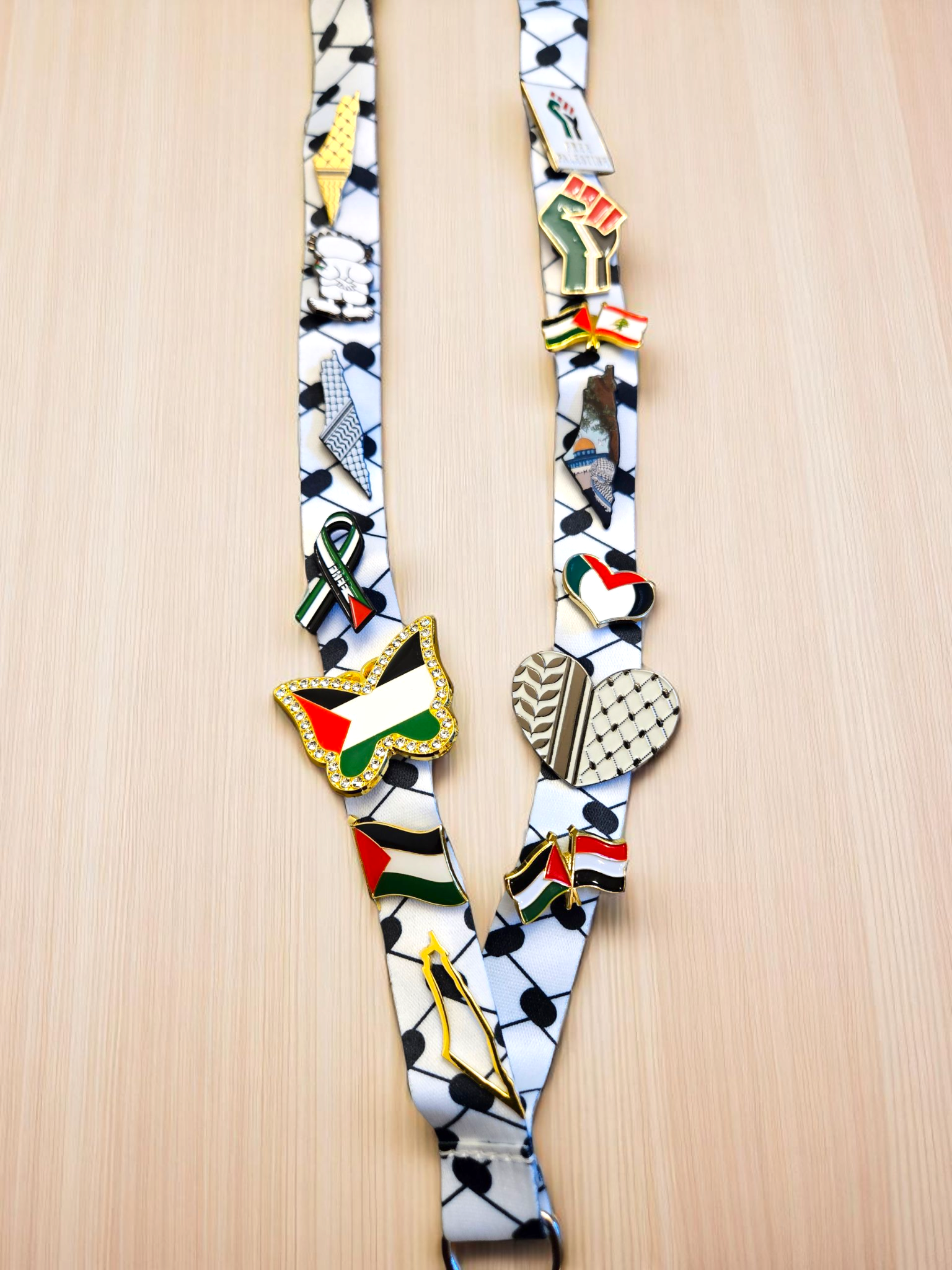 Limited Edition Palestinian Bling - Keffiyeh Lanyard with 14 Palestine Themed Pins / Lapels