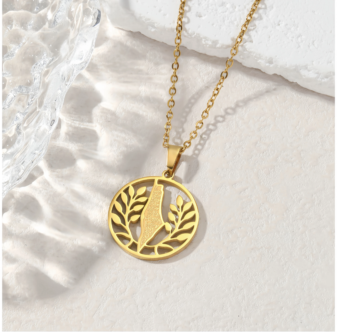Palestine Map Olive Branch Necklace Stainless Steel Arabic Calligraphy