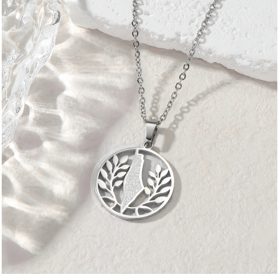 Palestine Map Olive Branch Necklace Stainless Steel Arabic Calligraphy